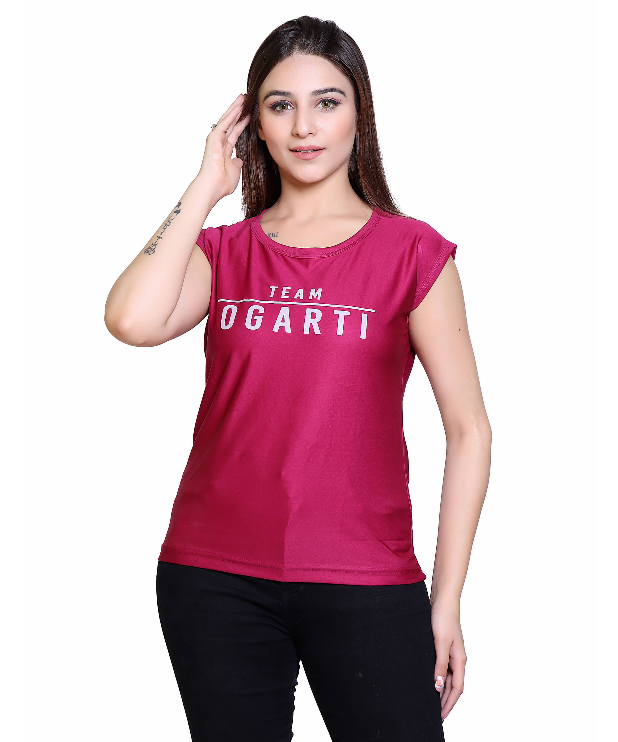 Ogarti Women Lycra Printed Regular Fit Round Neck T-Shirt ( Magenta ) Ogarti Women Lycra Printed Regular Fit Round Neck T-Shirt ( Magenta )