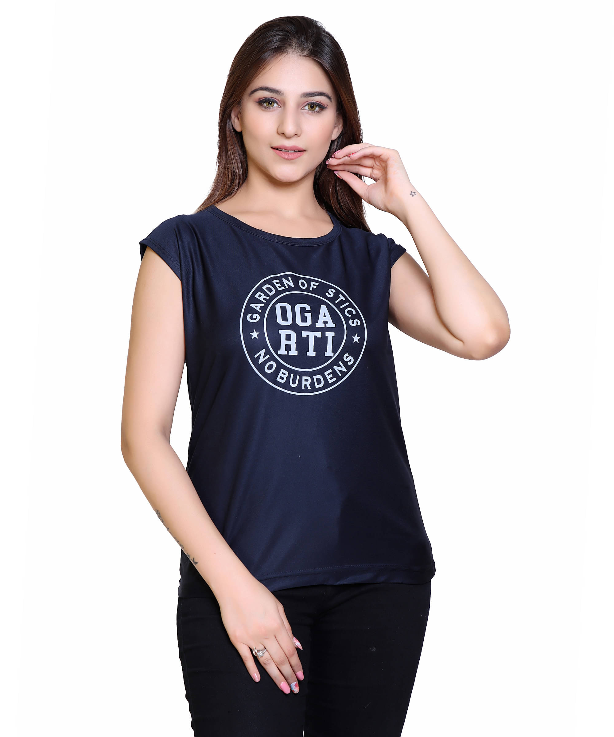 Ogarti Women Lycra Printed Regular Fit Round Neck T-Shirt ( Navy ) Ogarti Women Lycra Printed Regular Fit Round Neck T-Shirt ( Navy )