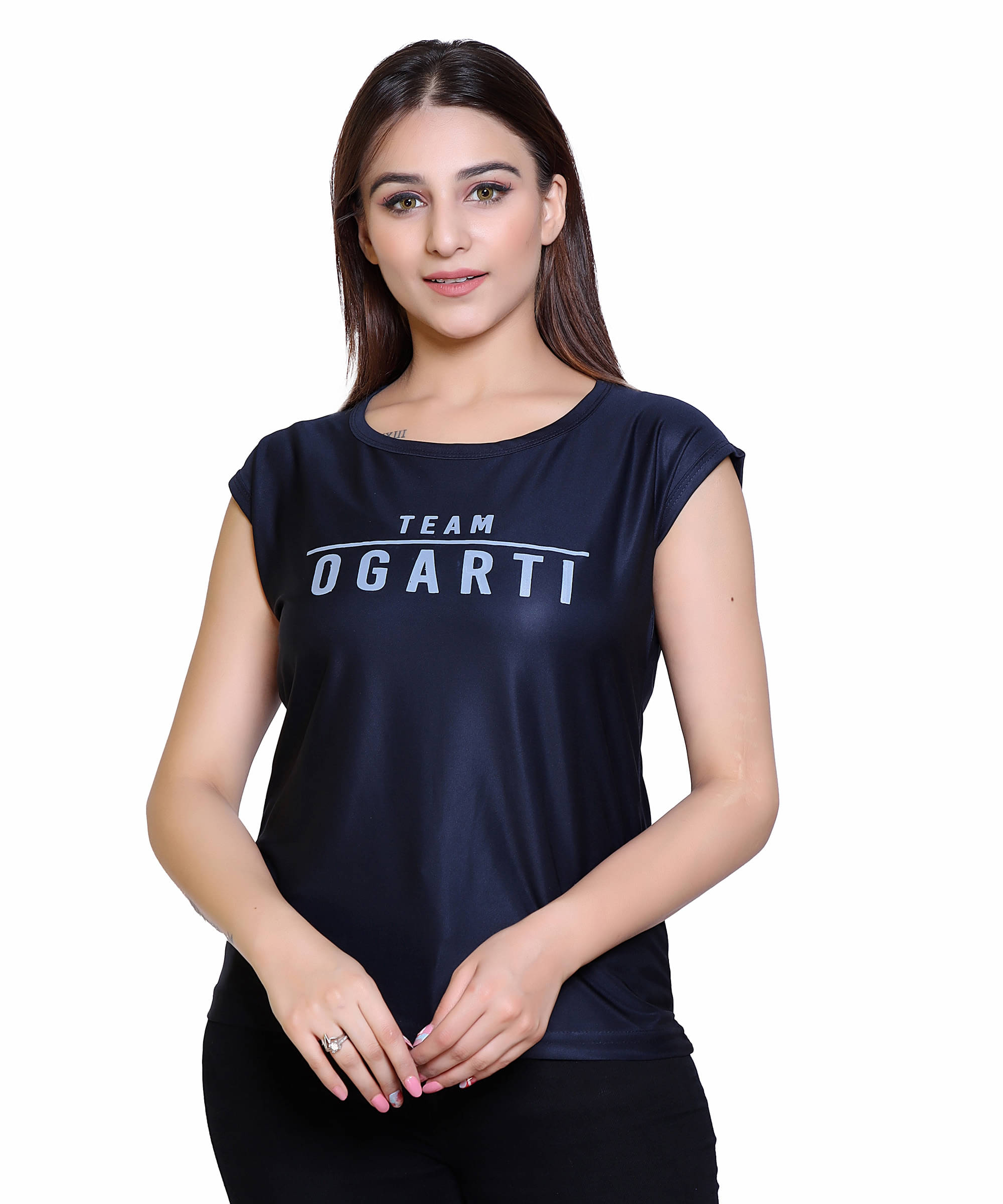 Ogarti Women Lycra Printed Regular Fit Round Neck T-Shirt ( Navy ) Ogarti Women Lycra Printed Regular Fit Round Neck T-Shirt ( Navy )