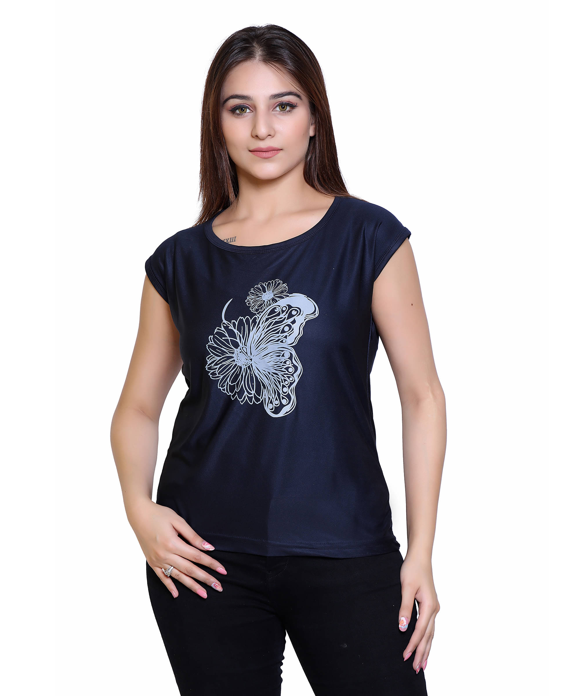 Ogarti Women Lycra Printed Regular Fit Round Neck T-Shirt ( Navy ) Ogarti Women Lycra Printed Regular Fit Round Neck T-Shirt ( Navy )