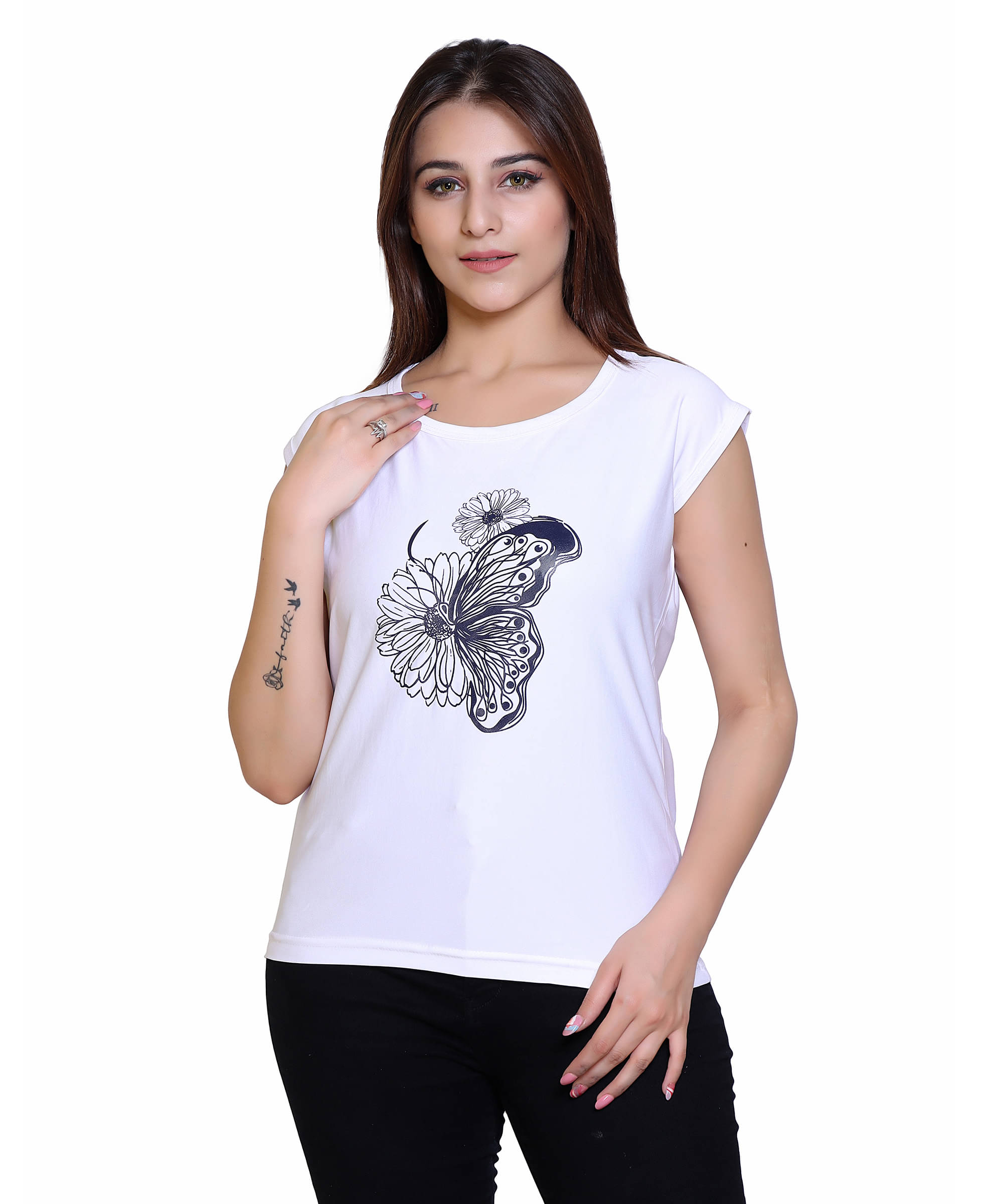 Ogarti Women Lycra Printed Regular Fit Round Neck T-Shirt ( White ) Ogarti Women Lycra Printed Regular Fit Round Neck T-Shirt ( White )