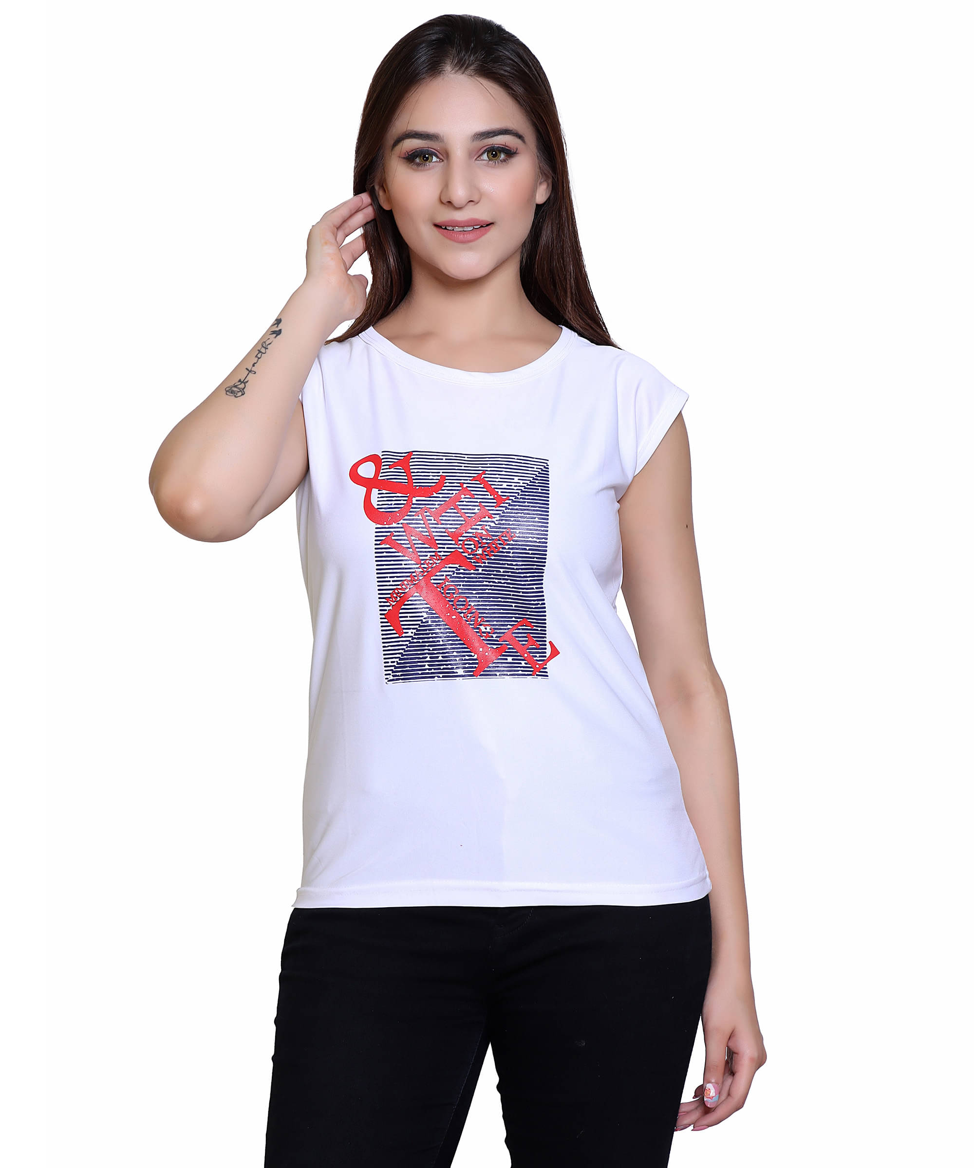 Ogarti Women Lycra Printed Regular Fit Round Neck T-Shirt ( White )     			Ogarti Women Lycra Printed Regular Fit Round Neck T-Shirt ( White )
