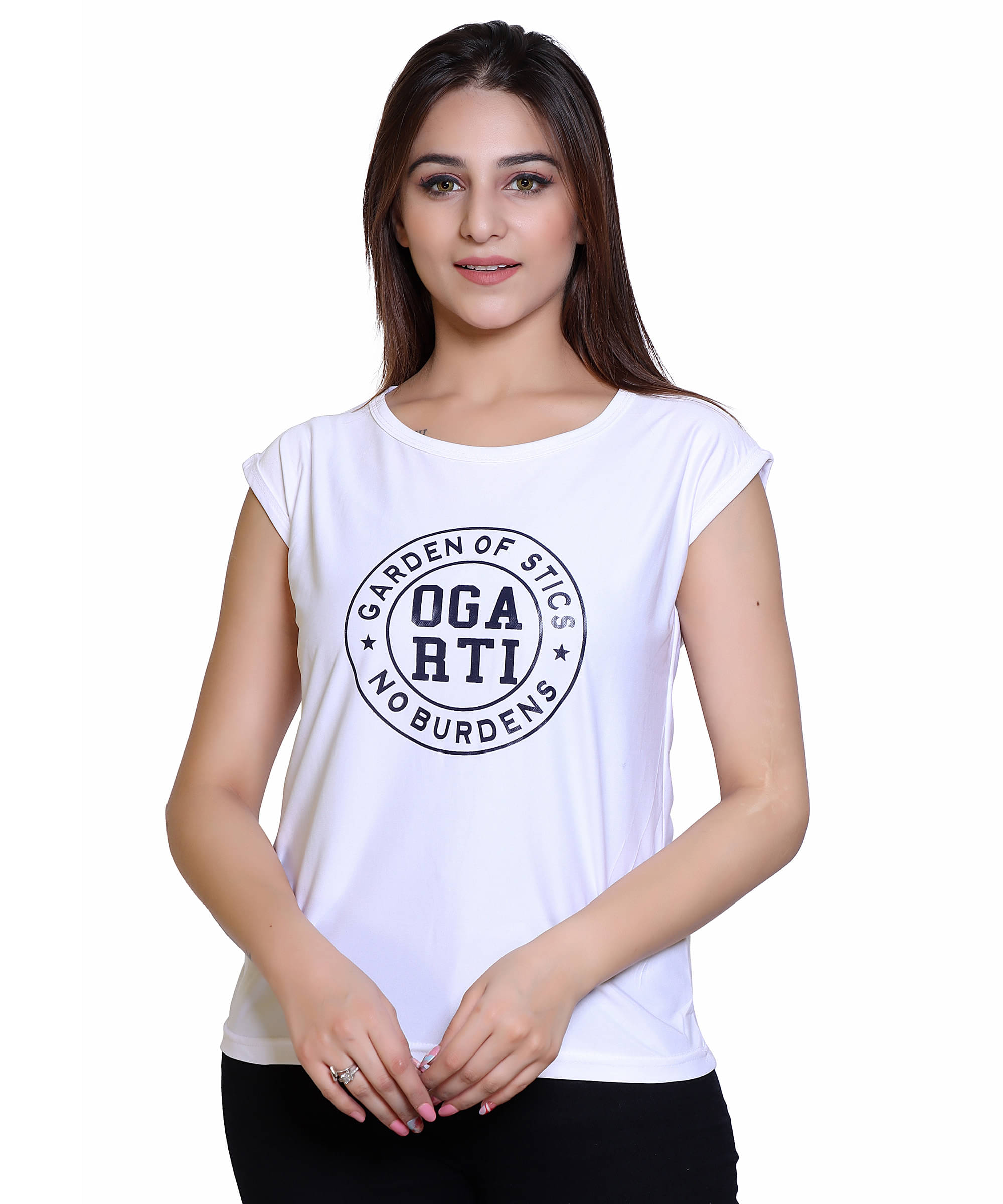 Ogarti Women Lycra Printed Regular Fit Round Neck T-Shirt ( White ) Ogarti Women Lycra Printed Regular Fit Round Neck T-Shirt ( White )