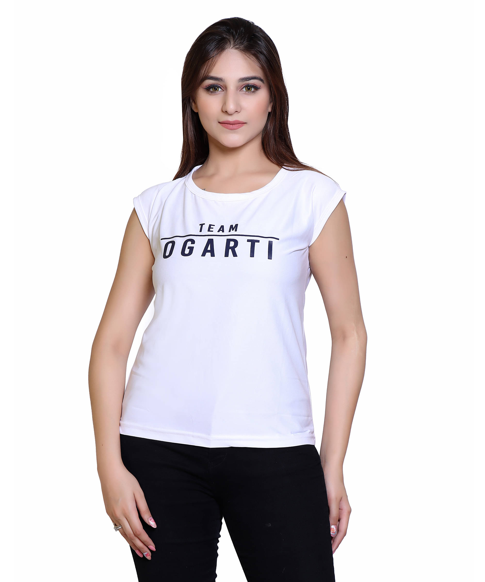     			Ogarti Women Lycra Printed Regular Fit Round Neck T-Shirt ( White )