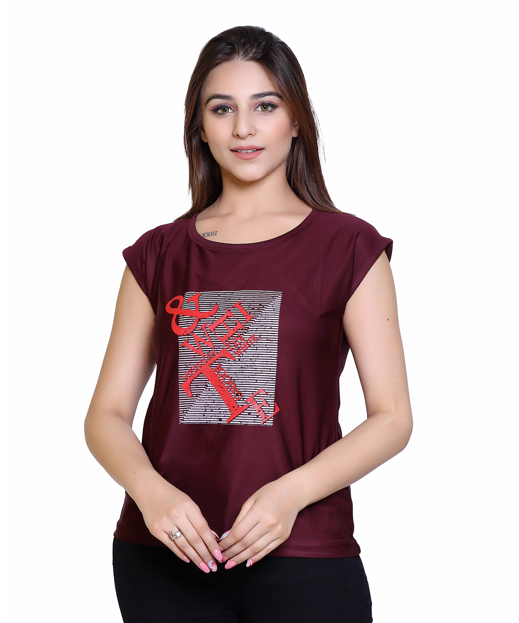 Ogarti Women Lycra Printed Regular Fit Round Neck T-Shirt ( Wine ) Ogarti Women Lycra Printed Regular Fit Round Neck T-Shirt ( Wine )