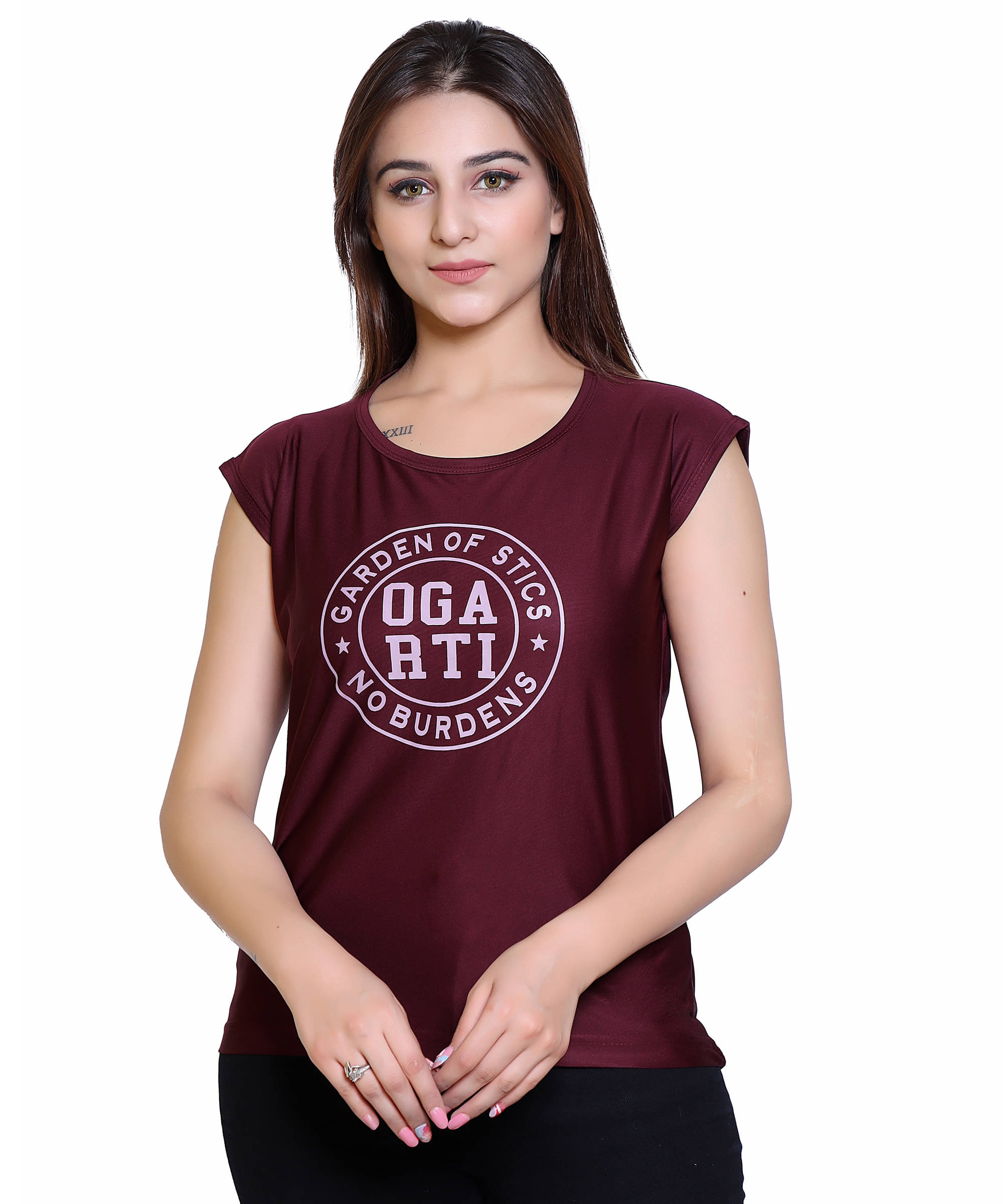     			Ogarti Women Lycra Printed Regular Fit Round Neck T-Shirt ( Wine )