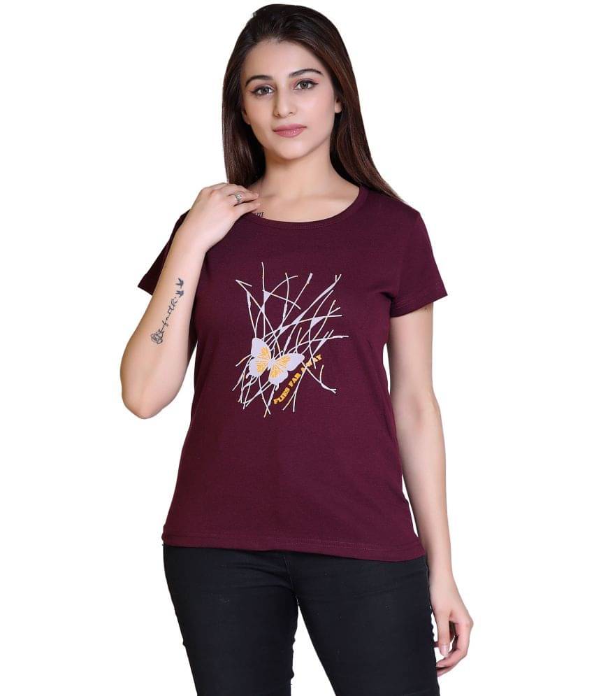 Ogarti Women Cotton Blend Printed Regular Fit Round Neck T-Shirt ( Wine )     			Ogarti Women Cotton Blend Printed Regular Fit Round Neck T-Shirt ( Wine )