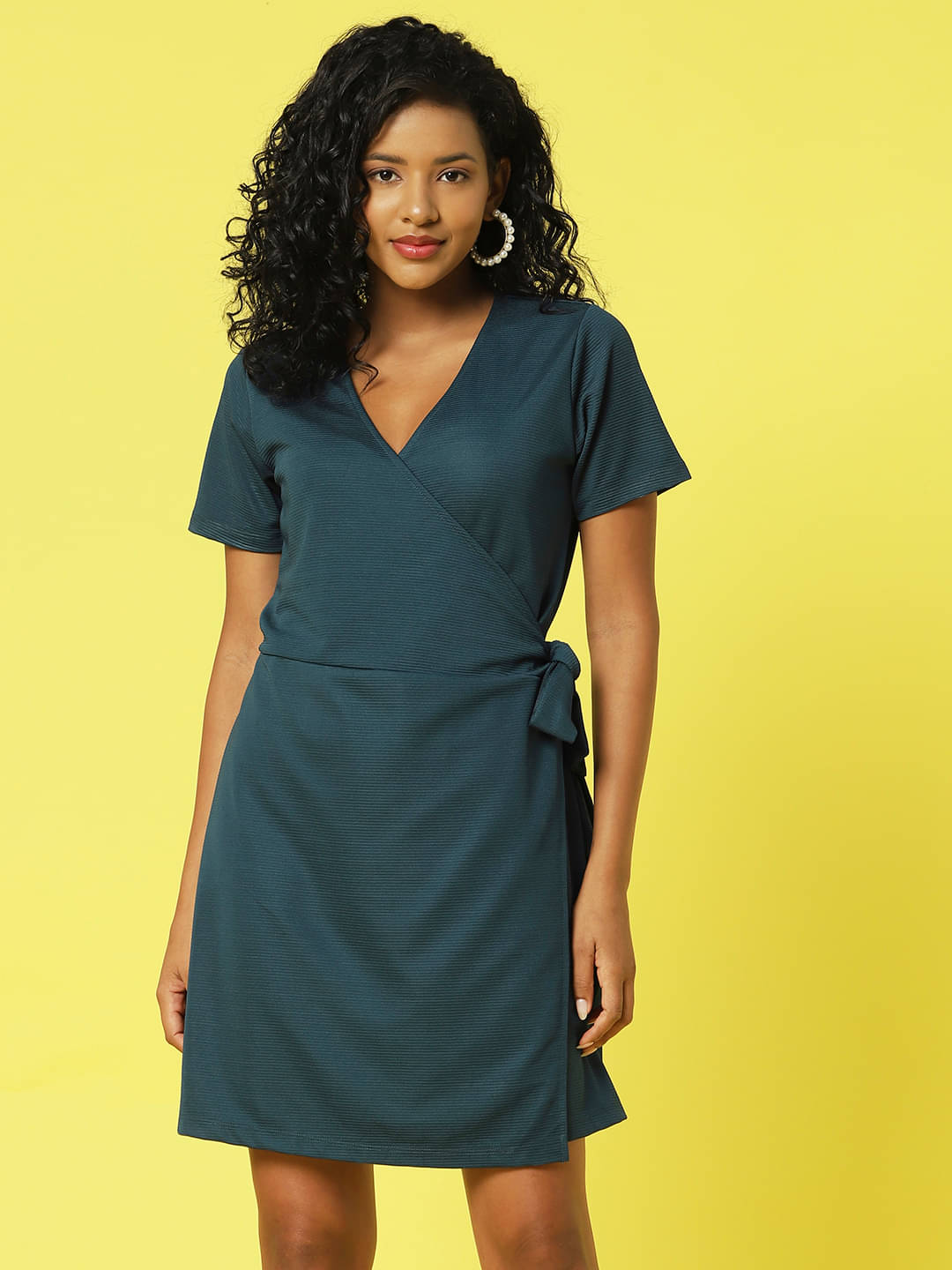     			Rigo Women Polyester Self Design Wrap Dress ( Teal )