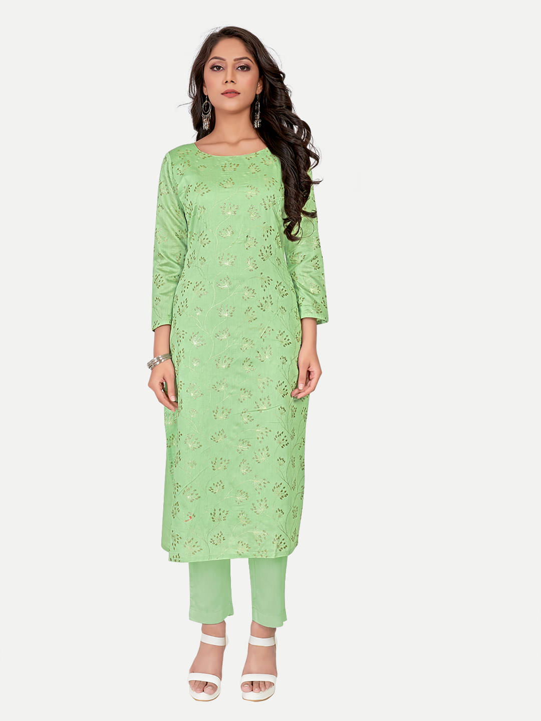 Riti - Green Chanderi Women's Straight Kurti ( Pack of 1 ) Riti - Green Chanderi Women's Straight Kurti ( Pack of 1 )
