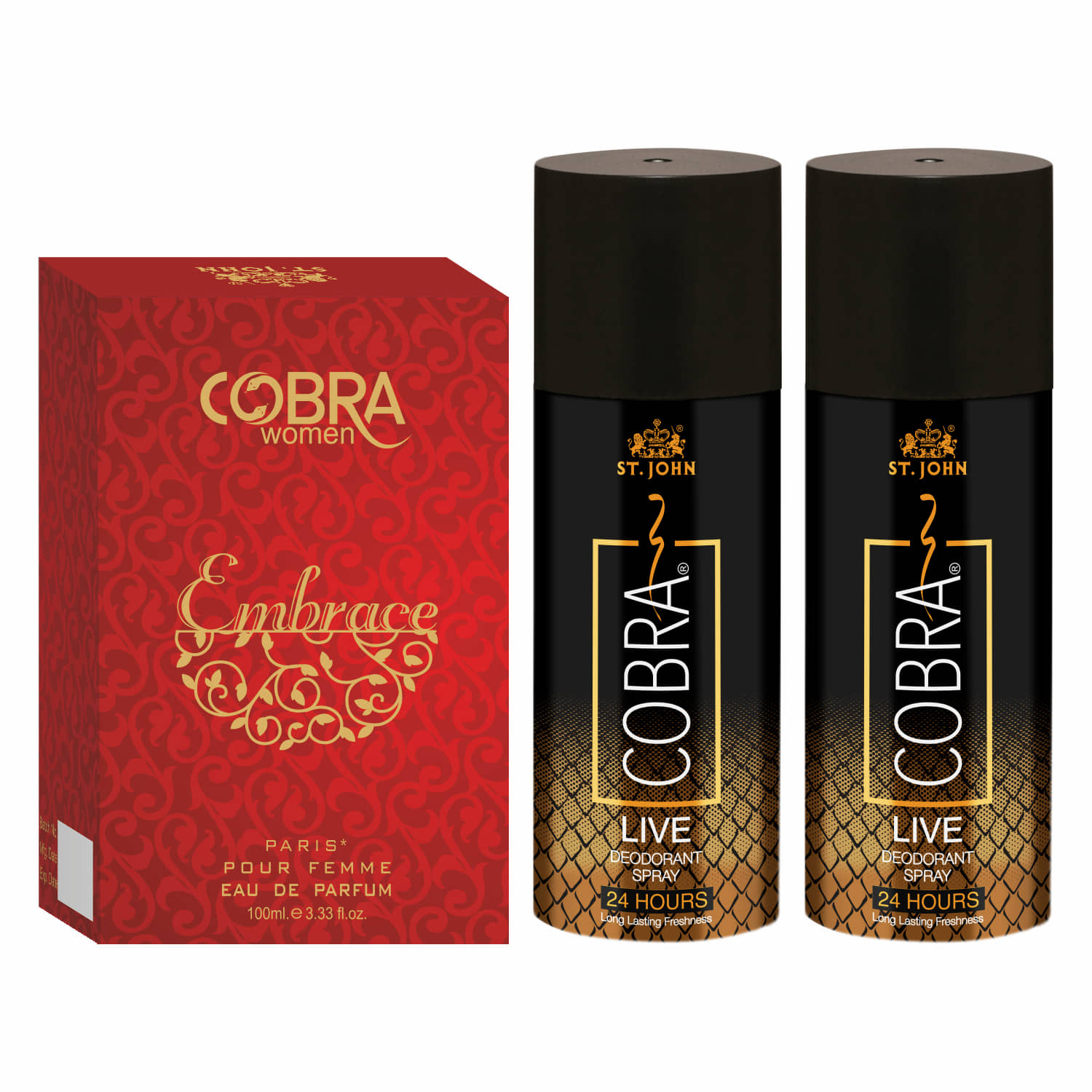 ST.JOHN Cobra Live 150ml*2 & Cobra Embrace 100ml Deodorant Spray & Perfume for Men (400ml) Pack of 3