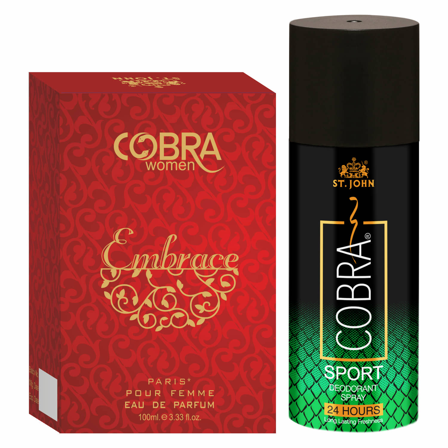ST.JOHN Cobra Sport 150ml & Cobra Embrace 100ml Deodorant Spray & Perfume for Men (250ml) Pack of 2