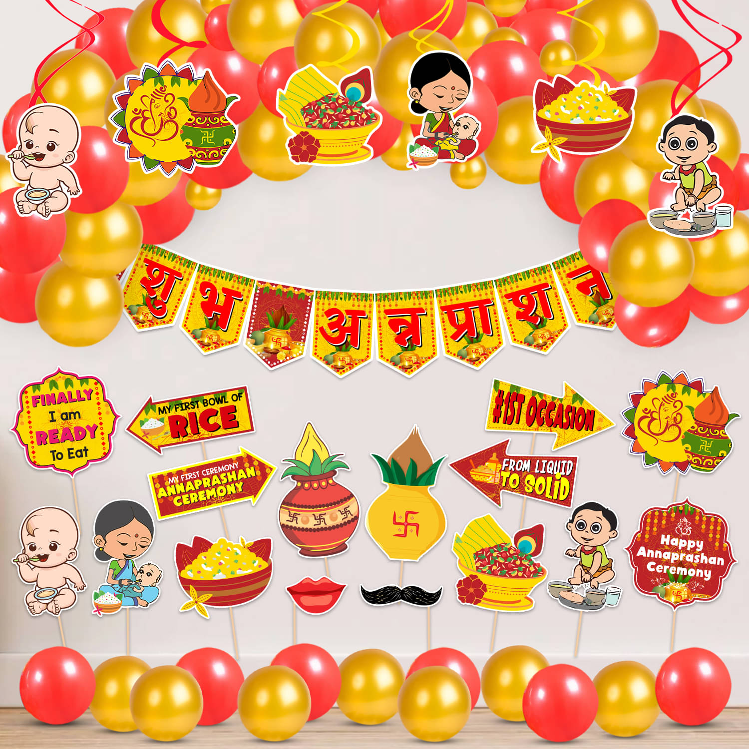     			Zyozi Annaprasanam Swirls Hanging with Annaprasanam Bunting Banner Hindi Font Shubh Annaprashan and Balloon,Photo Booth Props,Rice Ceremony Decorations Items (Pack of 50)