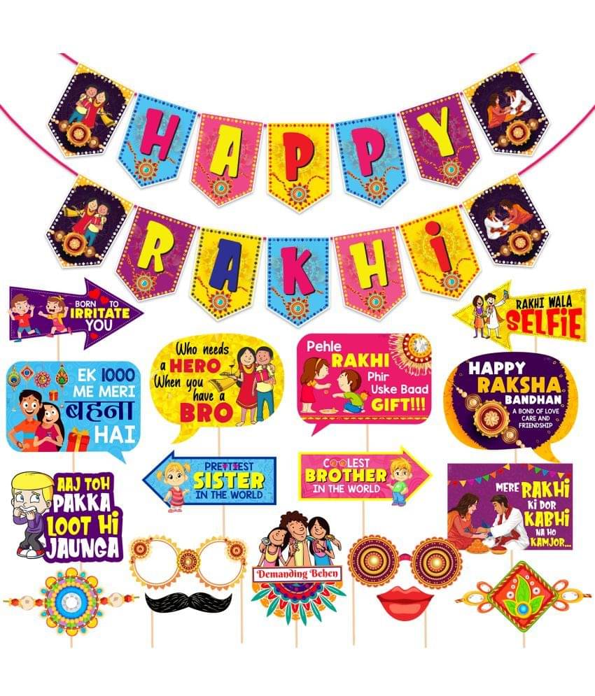     			Zyozi Happy Rakhi Decoration Combo Photo Booth Props+1 Set Happy Rakhi Banner,Raksha Bandhan Decoration Items for Rakhi Decorations, Party Decoration Banner for Raksha Bandhan Party (Pack of 18)