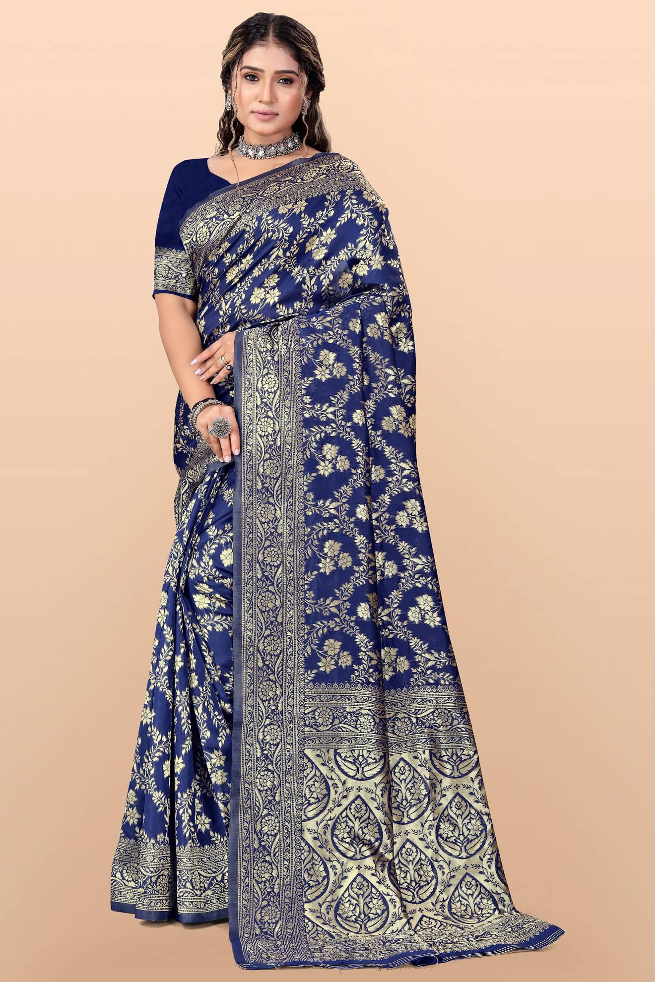LEELAVATI Banarasi Silk Embroidered Saree With Unstitched Blouse Piece ( Blue ) - Sarees | Buy online on ZillyBuy