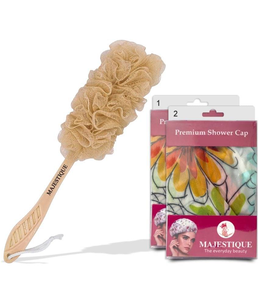 Majestique Bath Care 3Pcs Long Handle Loofah With Shower Cap Ideal For All Hair Color May Vary     			Majestique Bath Care 3Pcs Long Handle Loofah With Shower Cap Ideal For All Hair Color May Vary