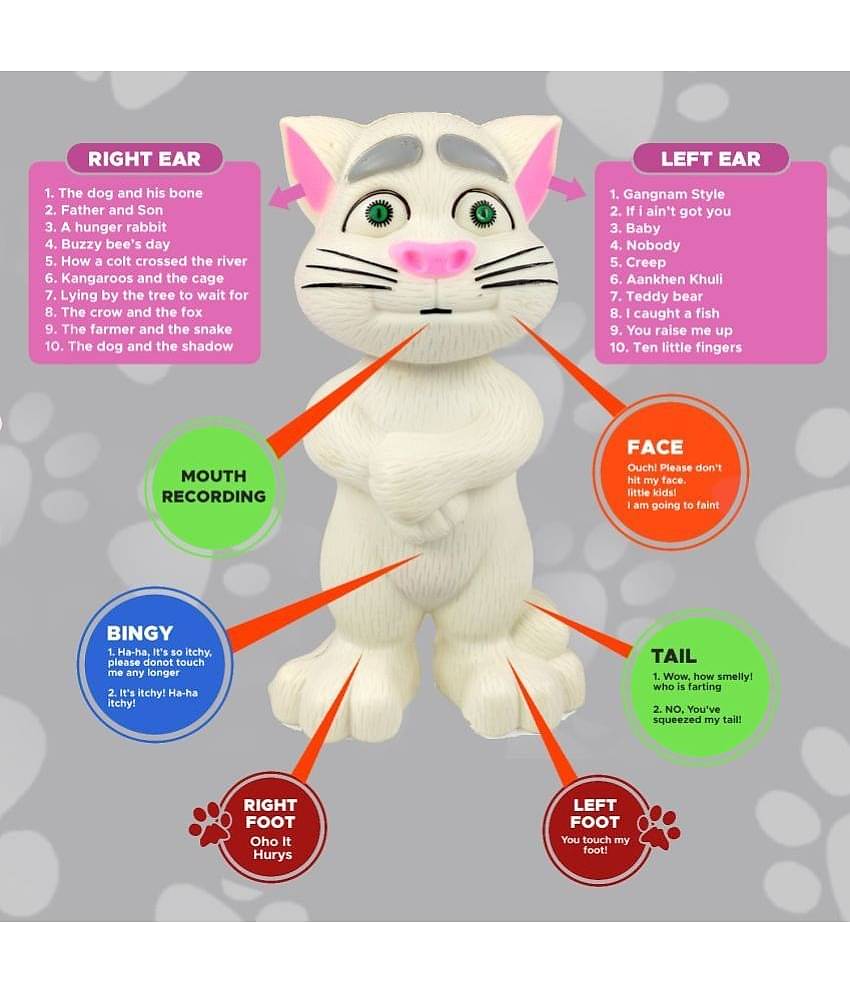 NHR Intelligent Talking Tom Cat, Speaking Robot Cat Repeats What You Say, Touch Recording Rhymes and Songs, Musical Cat Toy for Kids (3+ Years, White)