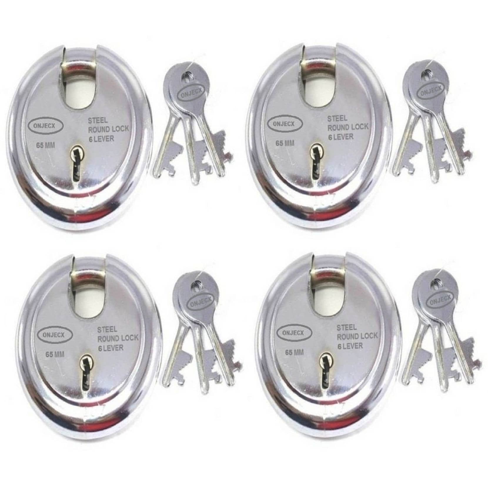 Onjecx Steel High Quality Primium range Lock 6 Levers 65 mm Heavy Duty Padlock , Sutter lock, Round lock Long life Durable with 3 Keys for Main Gate, Office Door, Shop Shutter, Pack of 4 pcs (RPL65)