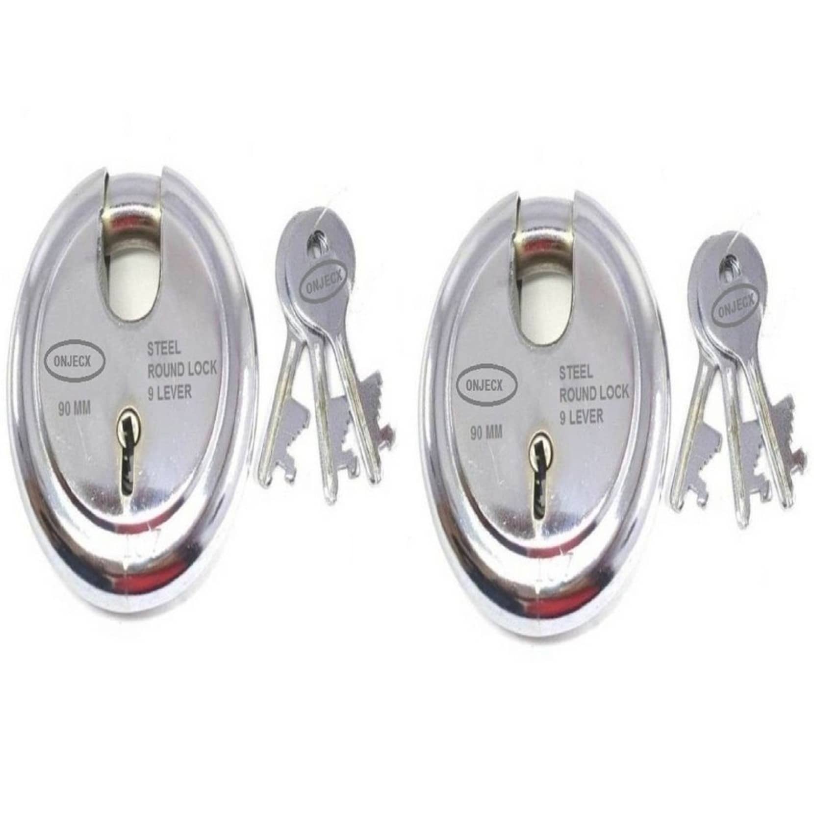 Onjecx Steel High Quality Primium range Lock 9 Levers 90 mm Heavy Duty Padlock , Sutter lock, Round lock Long life Durable with 3 Keys for Main Gate, Office Door, Shop Shutter, Pack of 2 pcs (RPL90)