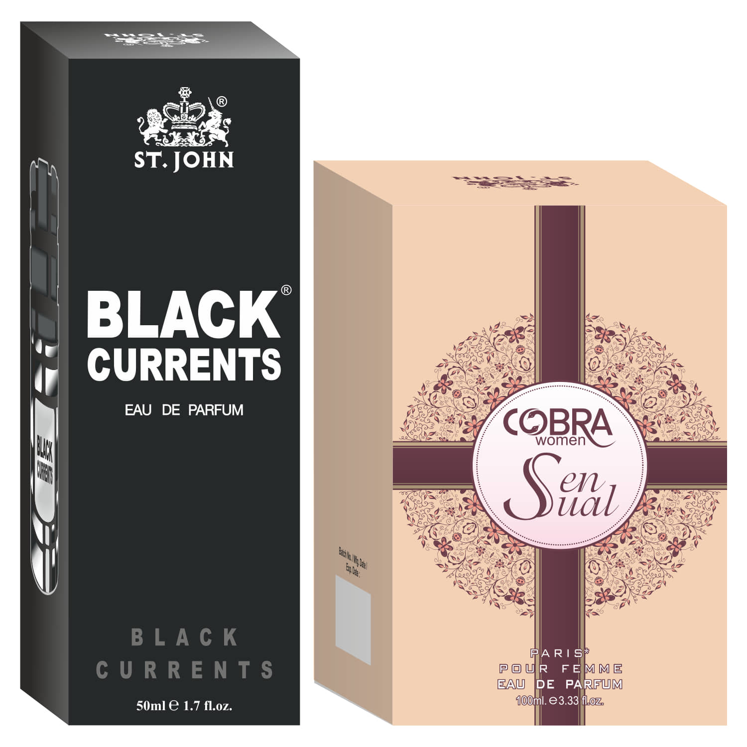 St. John - Black Current 50ml & Cobra Sensual 100ml Perfume Eau De Parfum (EDP) For Unisex 150ml ( Pack of 2 )