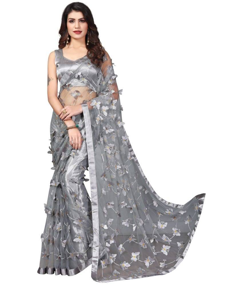 Apnisha Net Applique Saree With Unstitched Blouse Piece ( Grey ) Apnisha Net Applique Saree With Unstitched Blouse Piece ( Grey )
