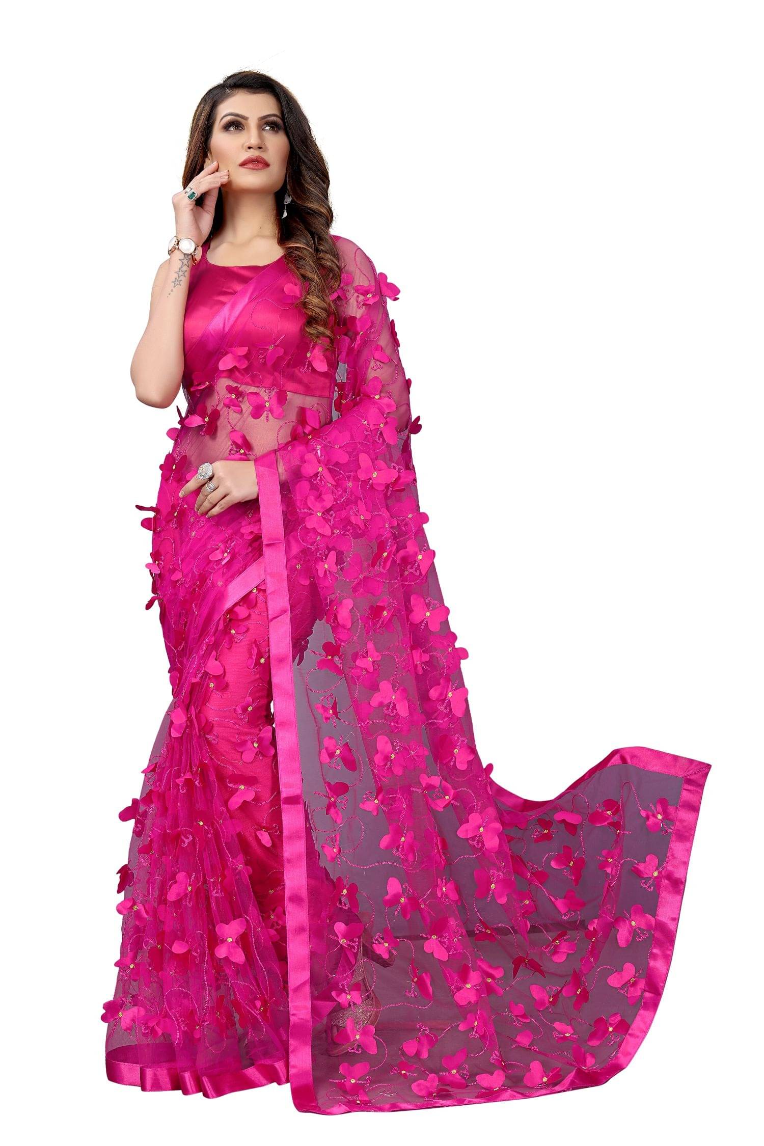     			Apnisha Net Applique Saree With Unstitched Blouse Piece ( Rani )