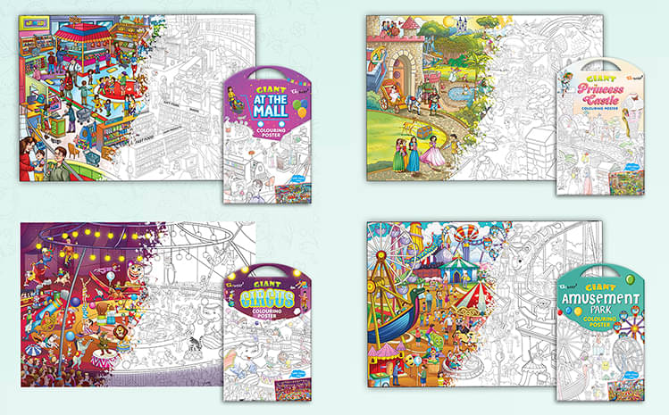     			GIANT AT THE MALL COLOURING POSTER, GIANT PRINCESS CASTLE COLOURING POSTER, GIANT CIRCUS COLOURING POSTER and GIANT AMUSEMENT PARK COLOURING POSTER | Combo pack of 4 Posters I giant coloring posters for classroom