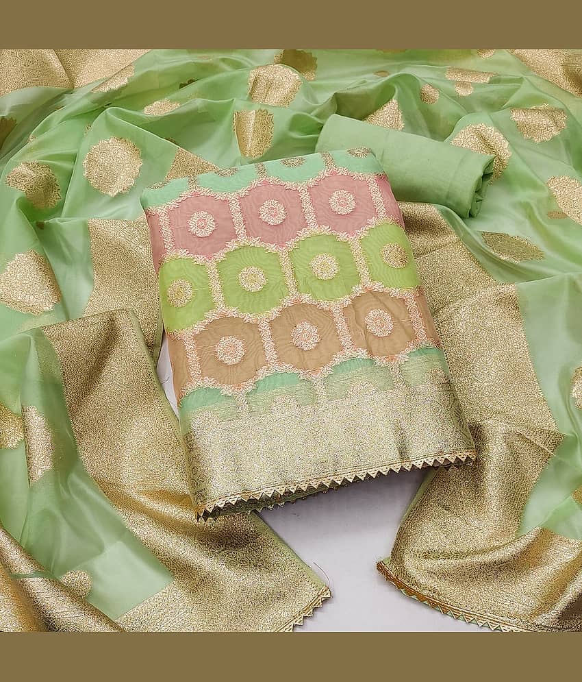 Gazal Fashions - Unstitched Green Organza Dress Material ( Pack of 1 ) - Unstitched Fabrics | Buy online on ZillyBuy