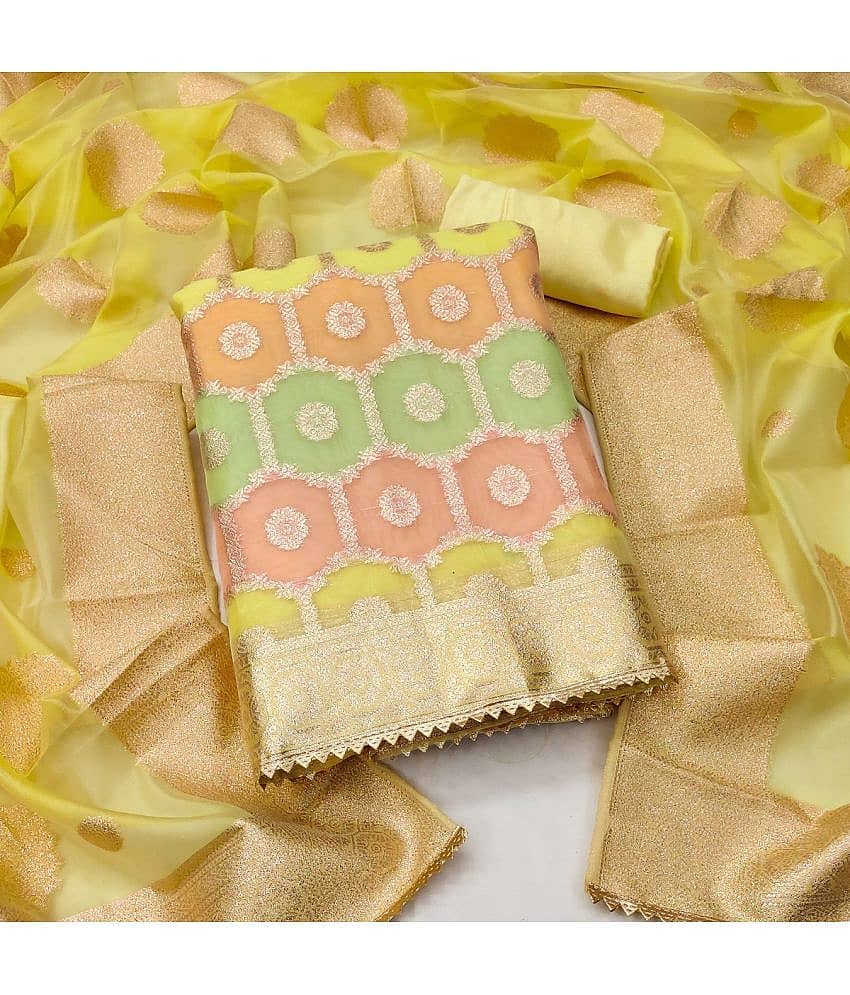 Gazal Fashions - Unstitched Yellow Organza Dress Material ( Pack of 1 ) - Unstitched Fabrics | Buy online on ZillyBuy