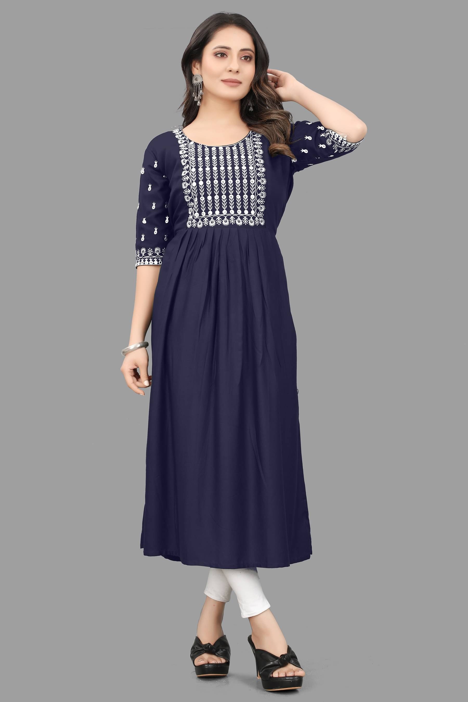 QPEEZ - Blue Rayon Women's Flared Kurti ( Pack of 1 )     			QPEEZ - Blue Rayon Women's Flared Kurti ( Pack of 1 )