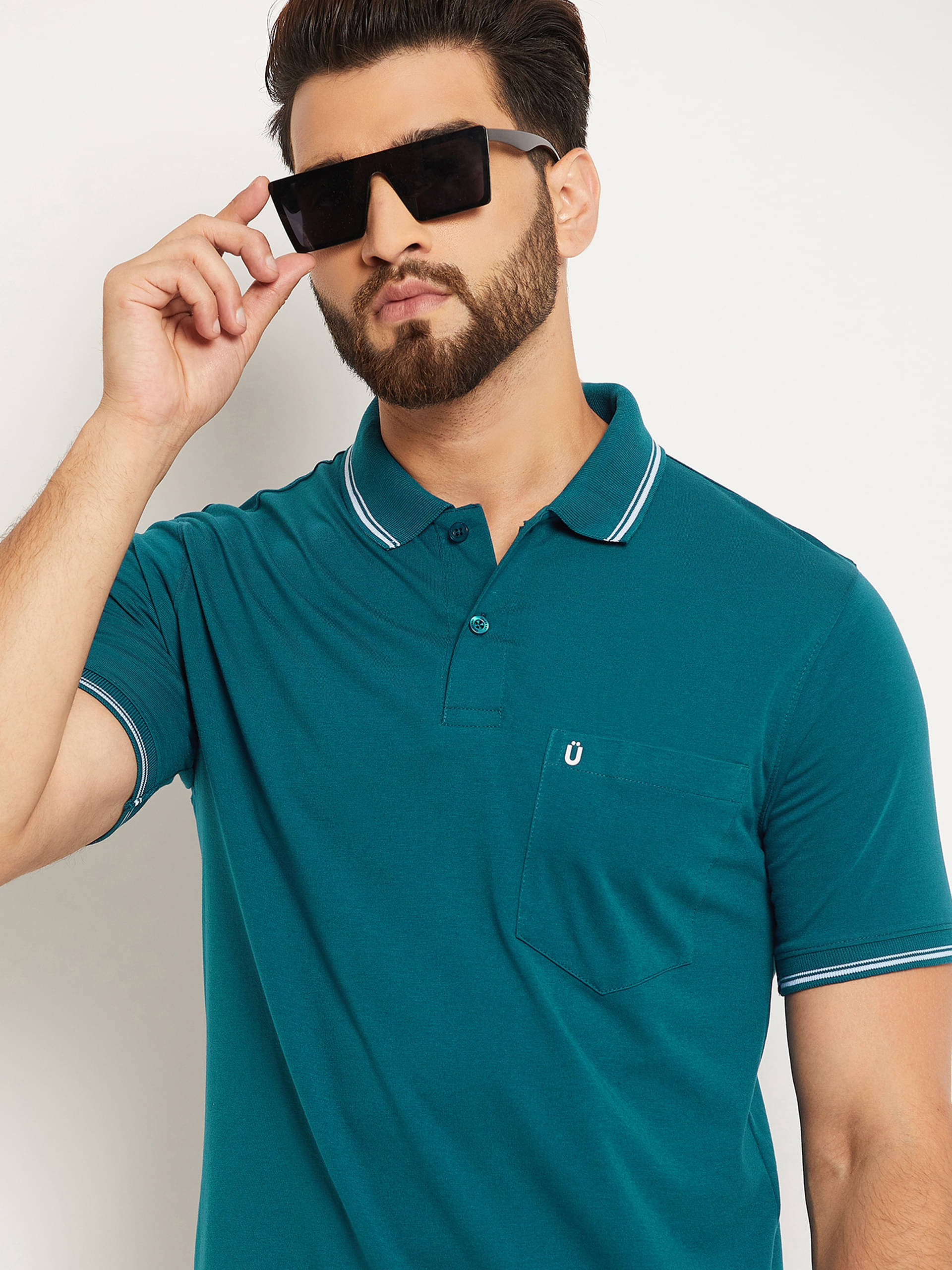     			UNIBERRY Pack of 1 Cotton Blend Regular Fit Solid Half Sleeves Men's Polo T Shirt ( Teal Blue )
