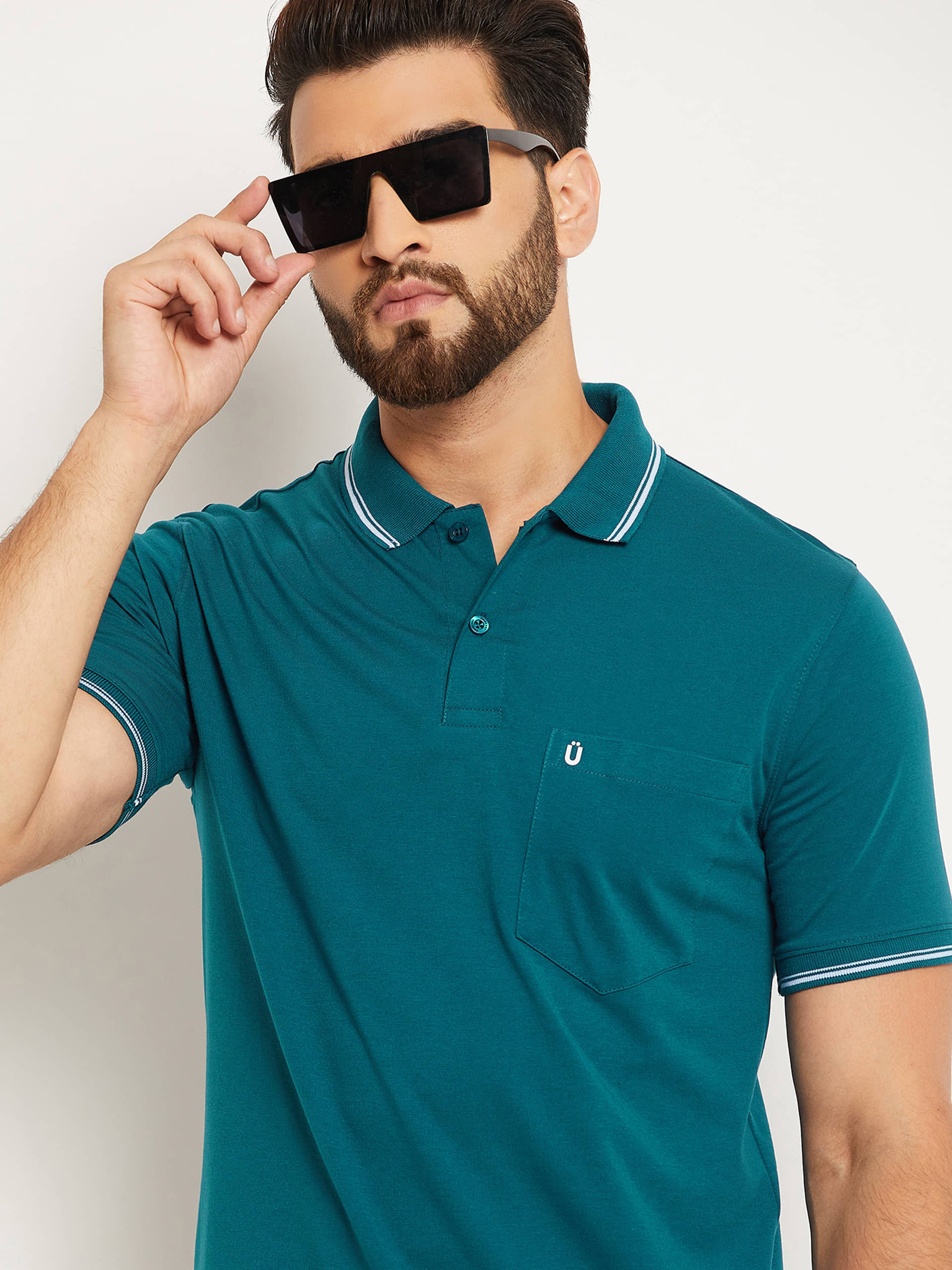 UNIBERRY Pack of 1 Cotton Blend Regular Fit Solid Half Sleeves Men's Polo T Shirt ( Teal Blue )