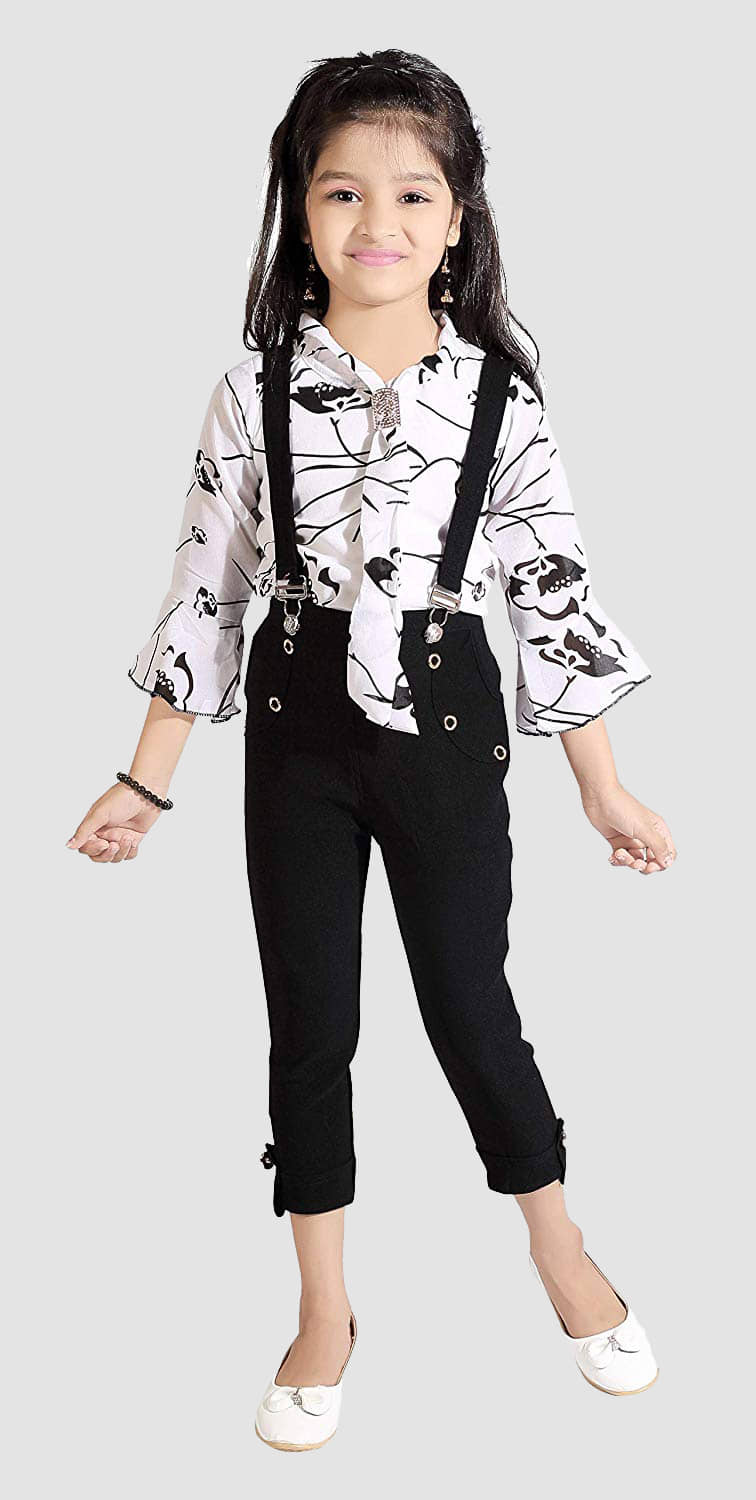 9stiches - Black & White Georgette Girls Top With Dungarees ( Pack of 1 )