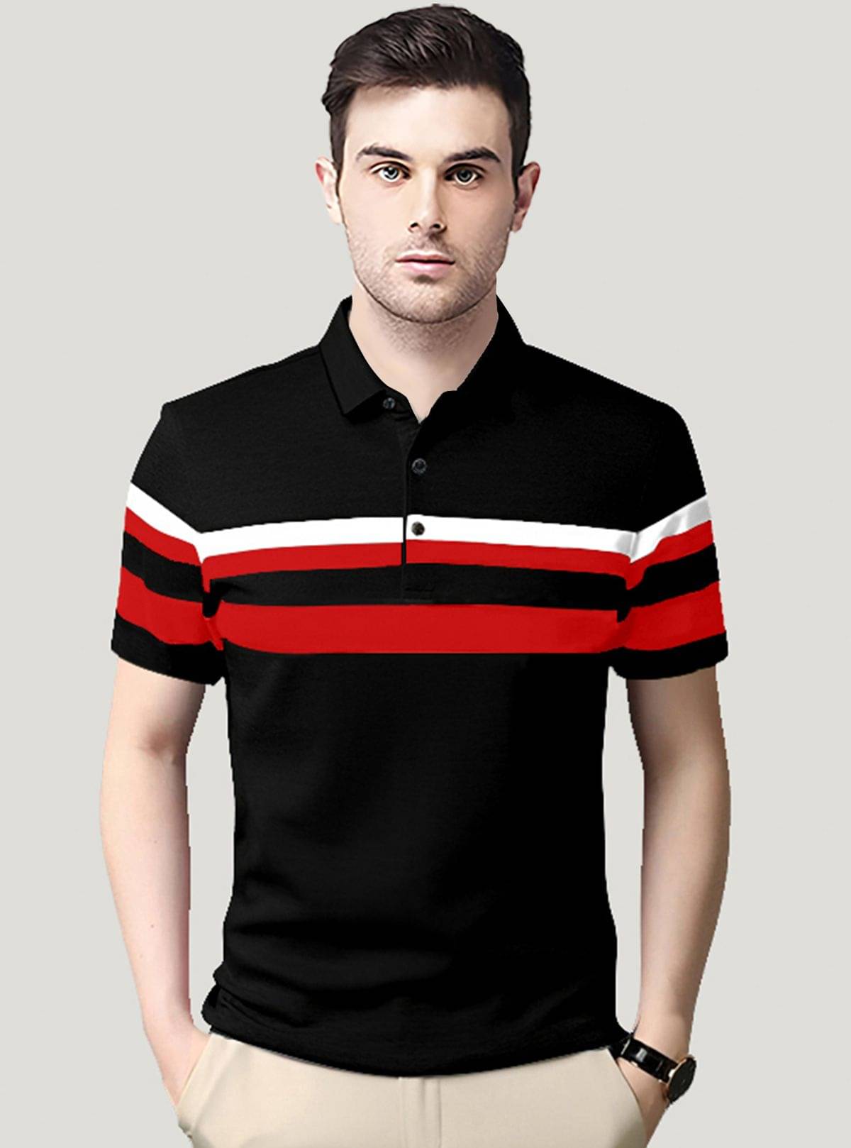     			AUSK Pack of 1 Cotton Blend Regular Fit Striped Half Sleeves Men's Polo T Shirt ( Black )