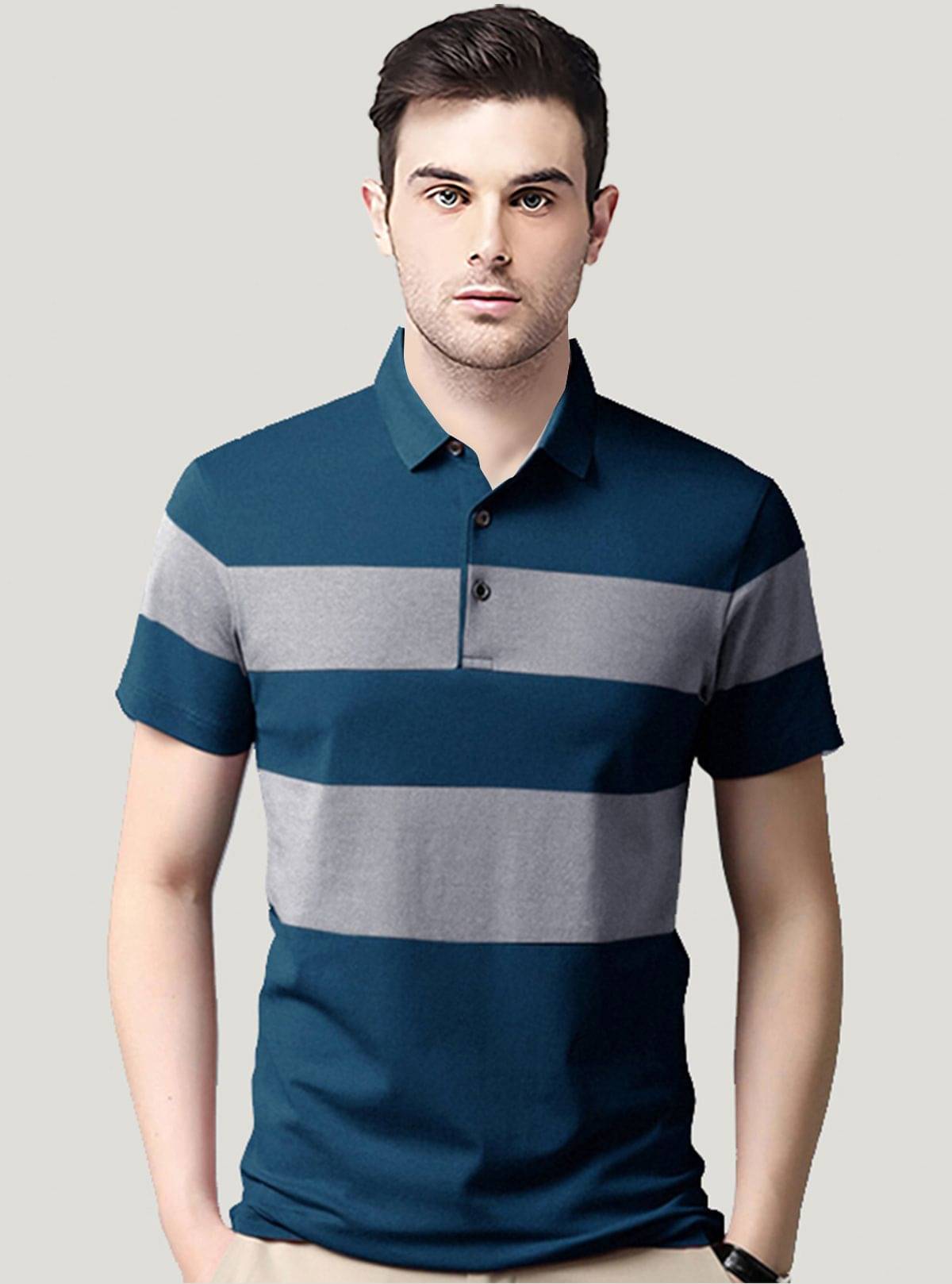 AUSK Pack of 1 Cotton Blend Regular Fit Striped Half Sleeves Men's Polo T Shirt ( Teal Blue ) AUSK Pack of 1 Cotton Blend Regular Fit Striped Half Sleeves Men's Polo T Shirt ( Teal Blue )