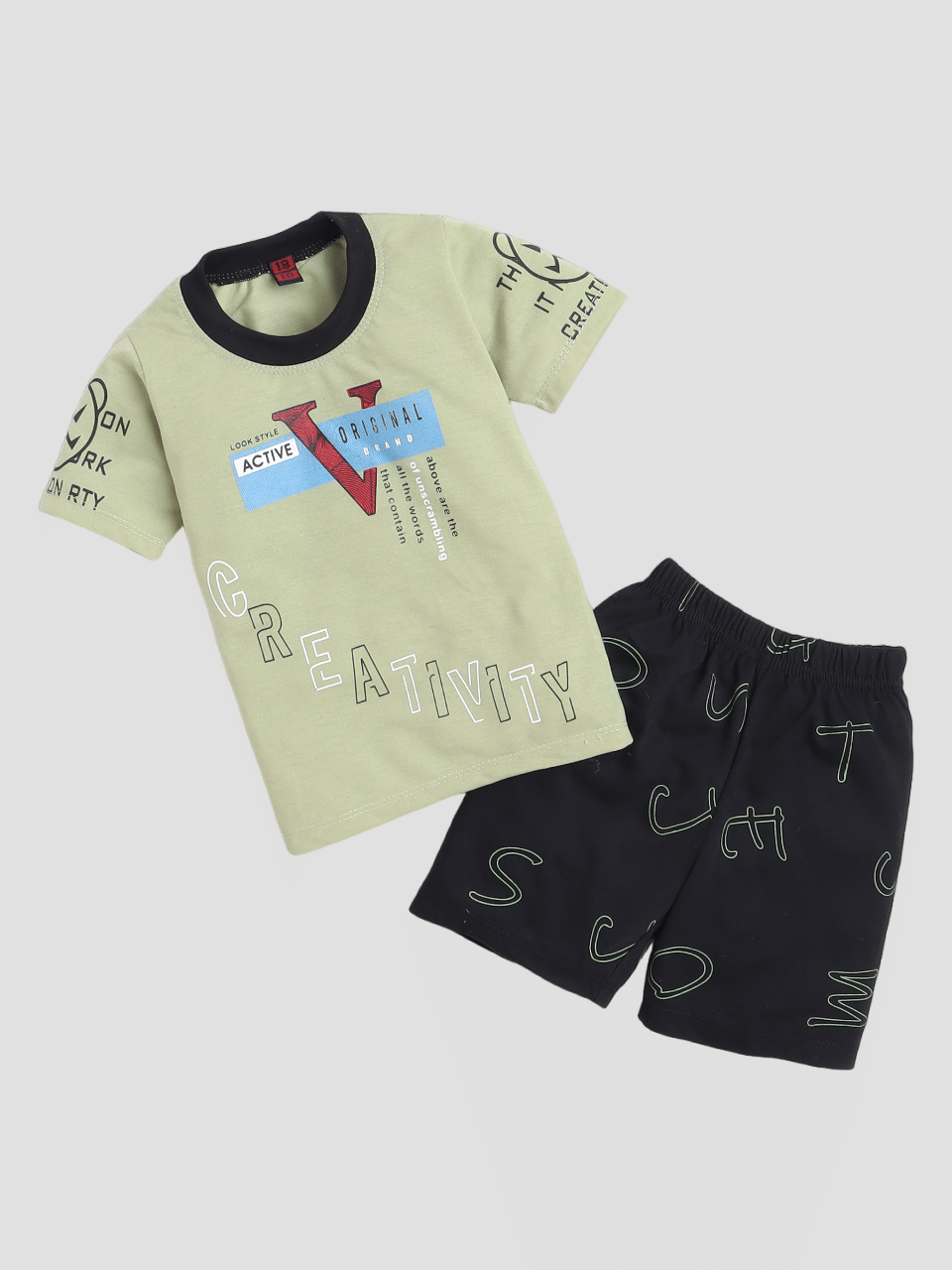     			Fourfolds Pack of 1 Boys Cotton T-Shirt & Shorts Set ( Olive )