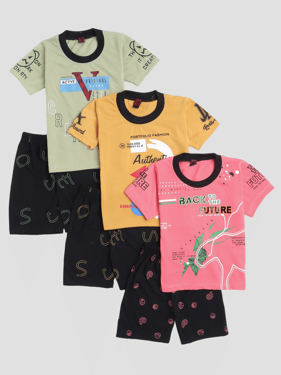     			Fourfolds Pack of 3 Boys Cotton T-Shirt & Shorts Set ( Pink )