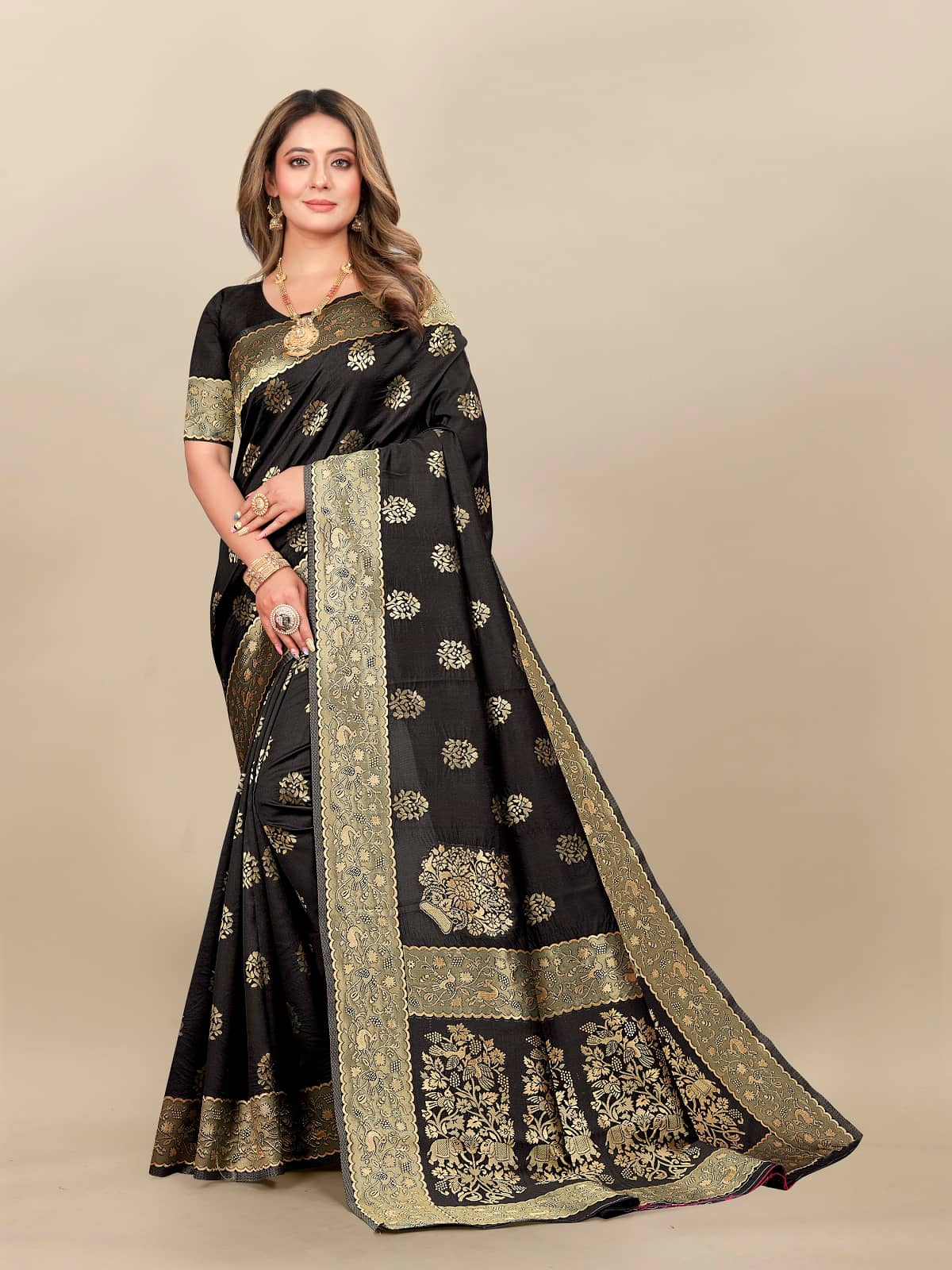 Gazal Fashions Banarasi Silk Embellished Saree With Unstitched Blouse Piece ( Black ) - Sarees | Buy online on ZillyBuy