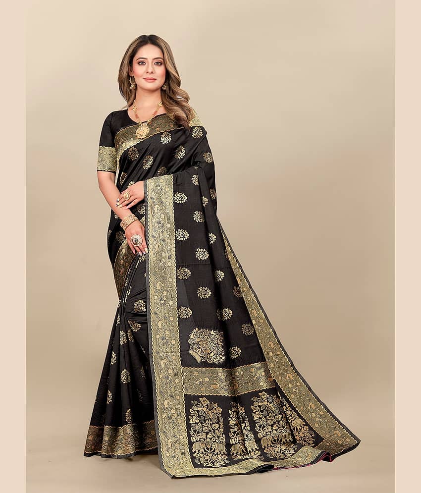 Gazal Fashions Banarasi Silk Embellished Saree With Unstitched Blouse Piece ( Black ) - Sarees | Buy online on ZillyBuy