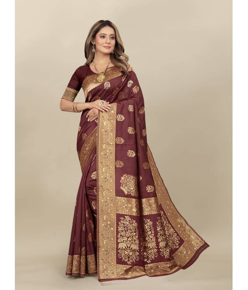 Gazal Fashions Banarasi Silk Embellished Saree With Unstitched Blouse Piece ( Maroon ) - Sarees | Buy online on ZillyBuy