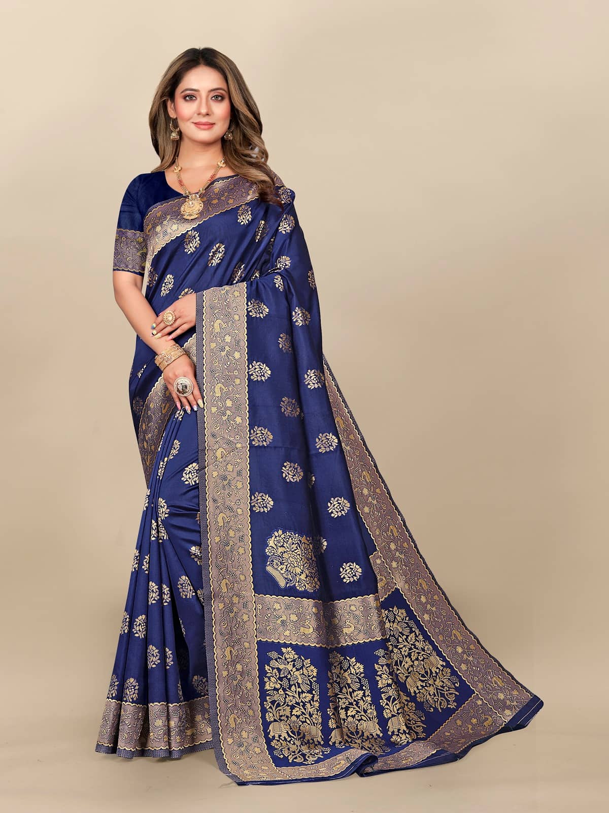 Gazal Fashions Banarasi Silk Woven Saree With Unstitched Blouse Piece ( Navy Blue ) - Sarees | Buy online on ZillyBuy