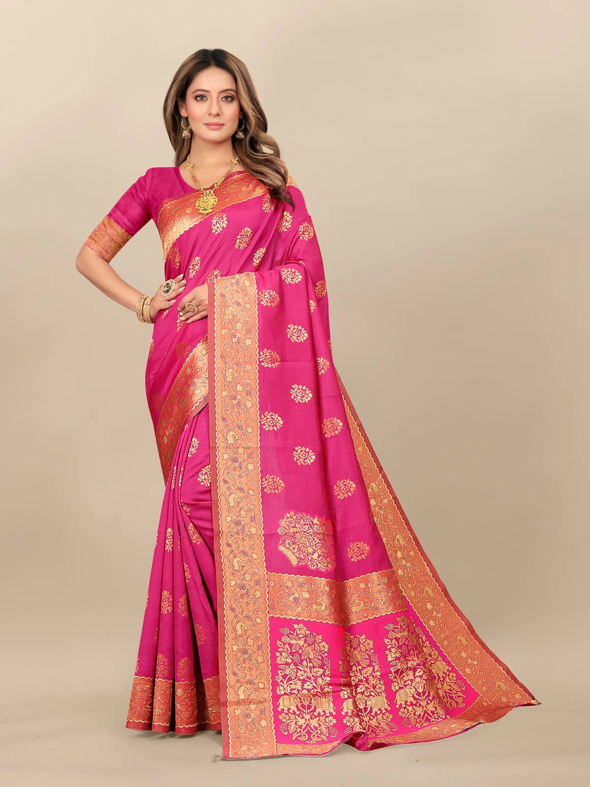 Gazal Fashions Banarasi Silk Embellished Saree With Unstitched Blouse Piece ( Pink ) - Sarees | Buy online on ZillyBuy