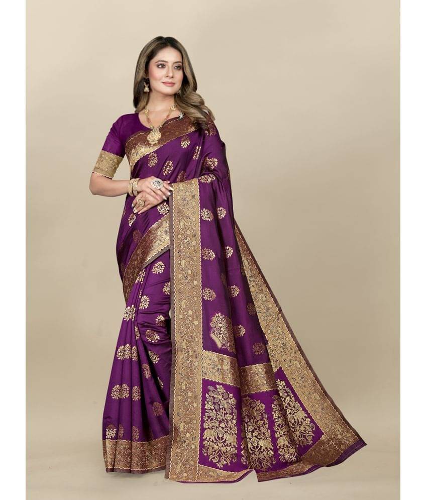 Gazal Fashions Banarasi Silk Embellished Saree With Unstitched Blouse Piece ( Purple ) Gazal Fashions Banarasi Silk Embellished Saree With Unstitched Blouse Piece ( Purple )