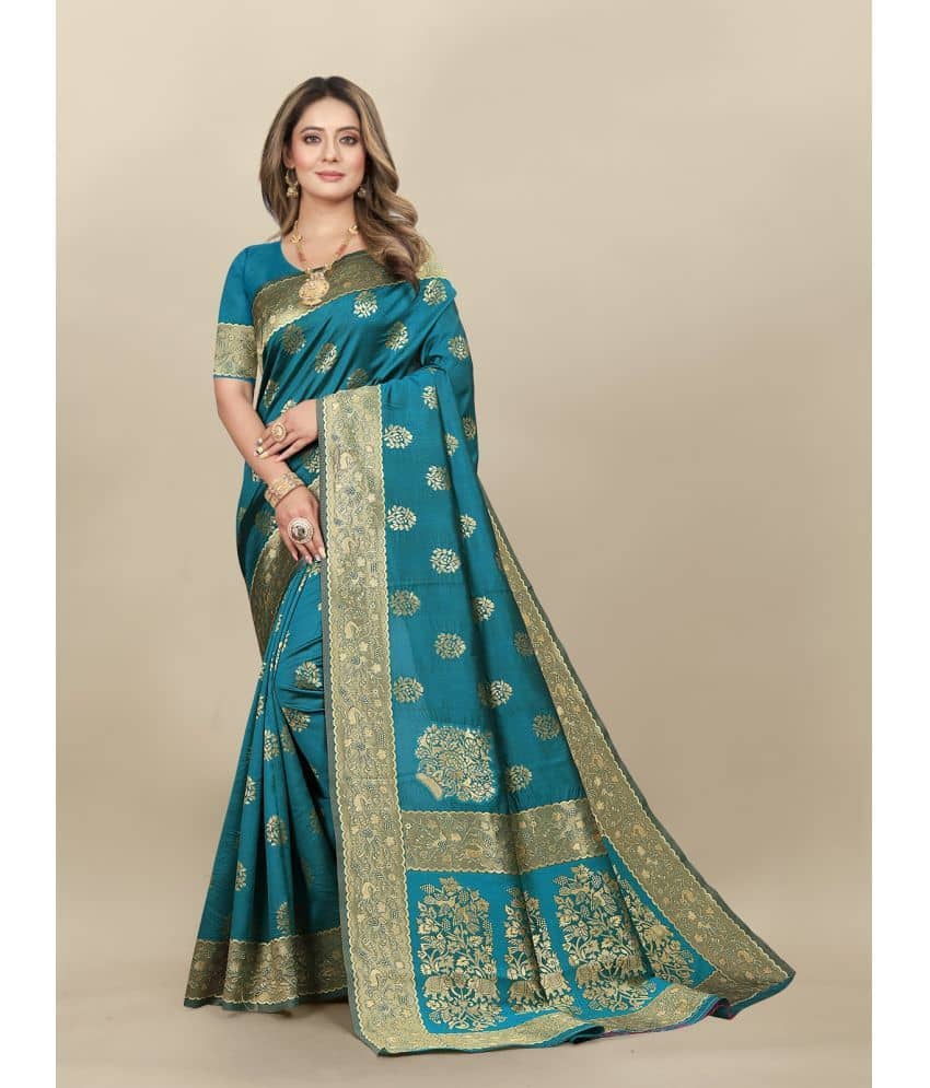 Gazal Fashions Banarasi Silk Embellished Saree With Unstitched Blouse Piece ( Rama ) - Sarees | Buy online on ZillyBuy