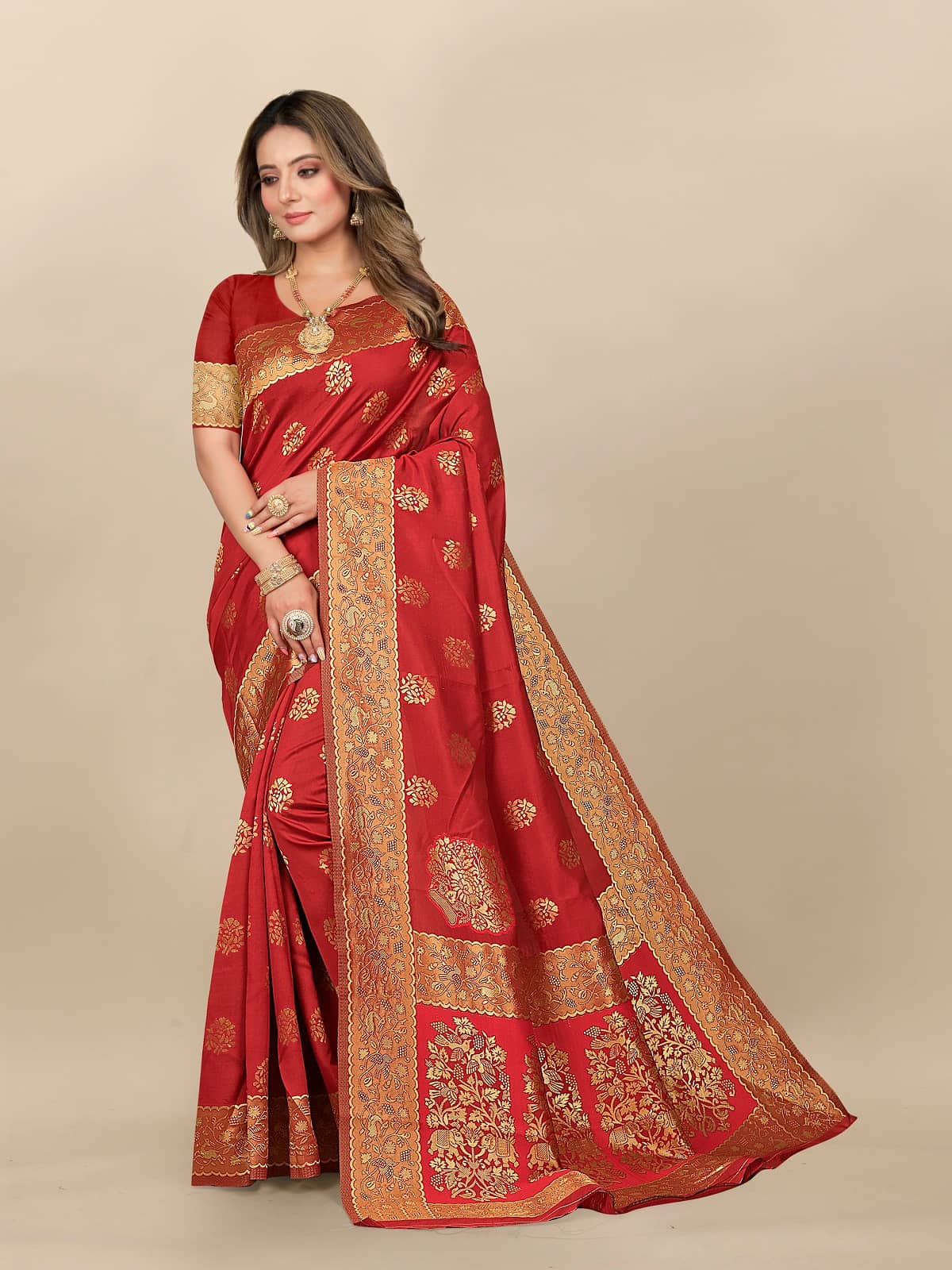 Gazal Fashions Banarasi Silk Embellished Saree With Unstitched Blouse Piece ( Red ) - Sarees | Buy online on ZillyBuy