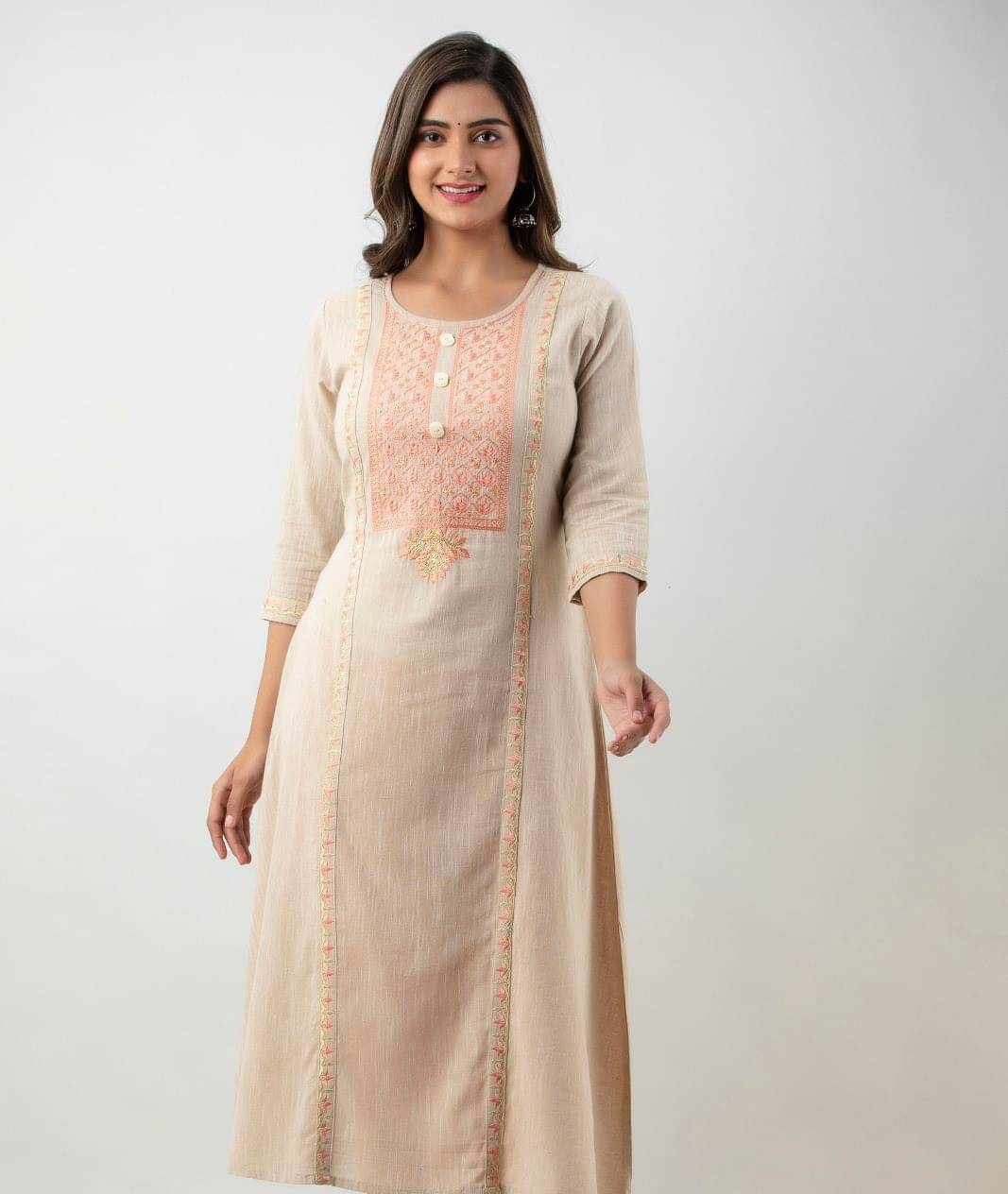 MAUKA - Beige Cotton Women's A-line Kurti ( Pack of 1 ) MAUKA - Beige Cotton Women's A-line Kurti ( Pack of 1 )