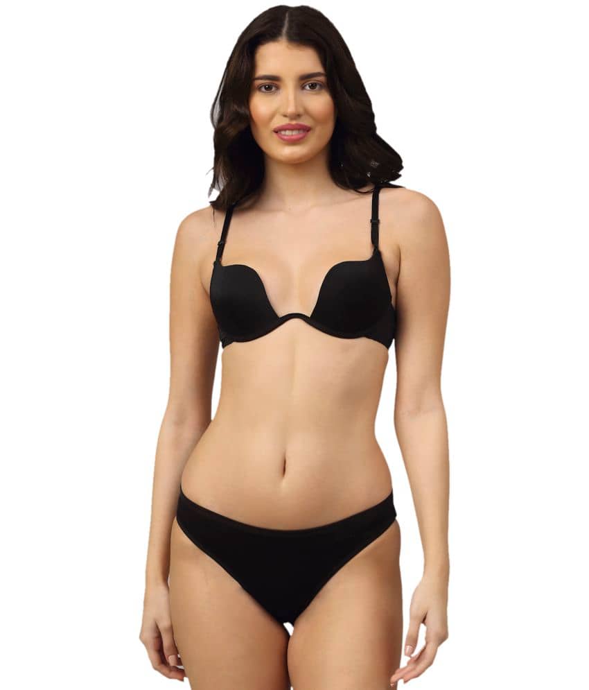 PrettyCat Polyester Women's Bra & Panty Set ( Black )