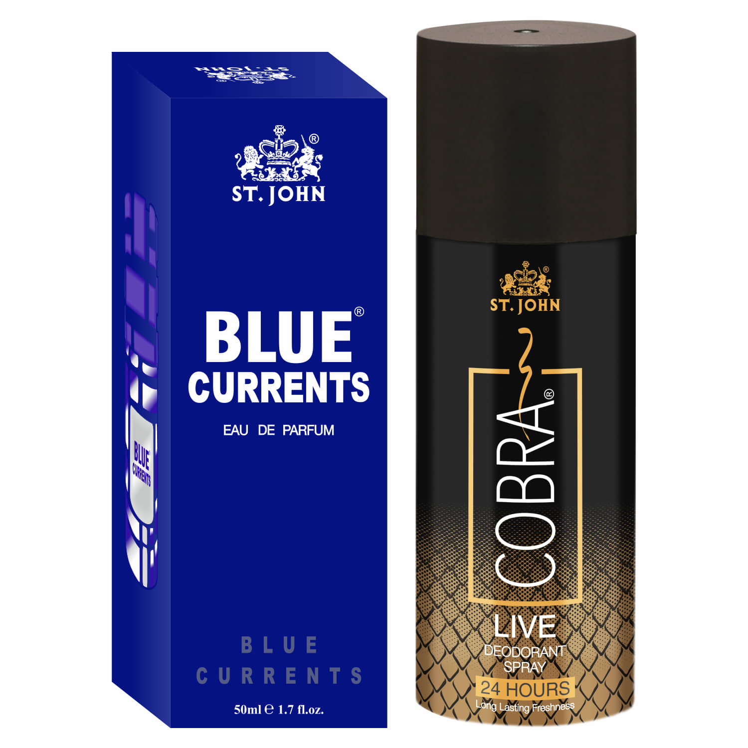 ST.JOHN Cobra Live 150ml & Blue Current 50ml Deodorant Spray & Perfume for Men (200ml)- Pack of 2