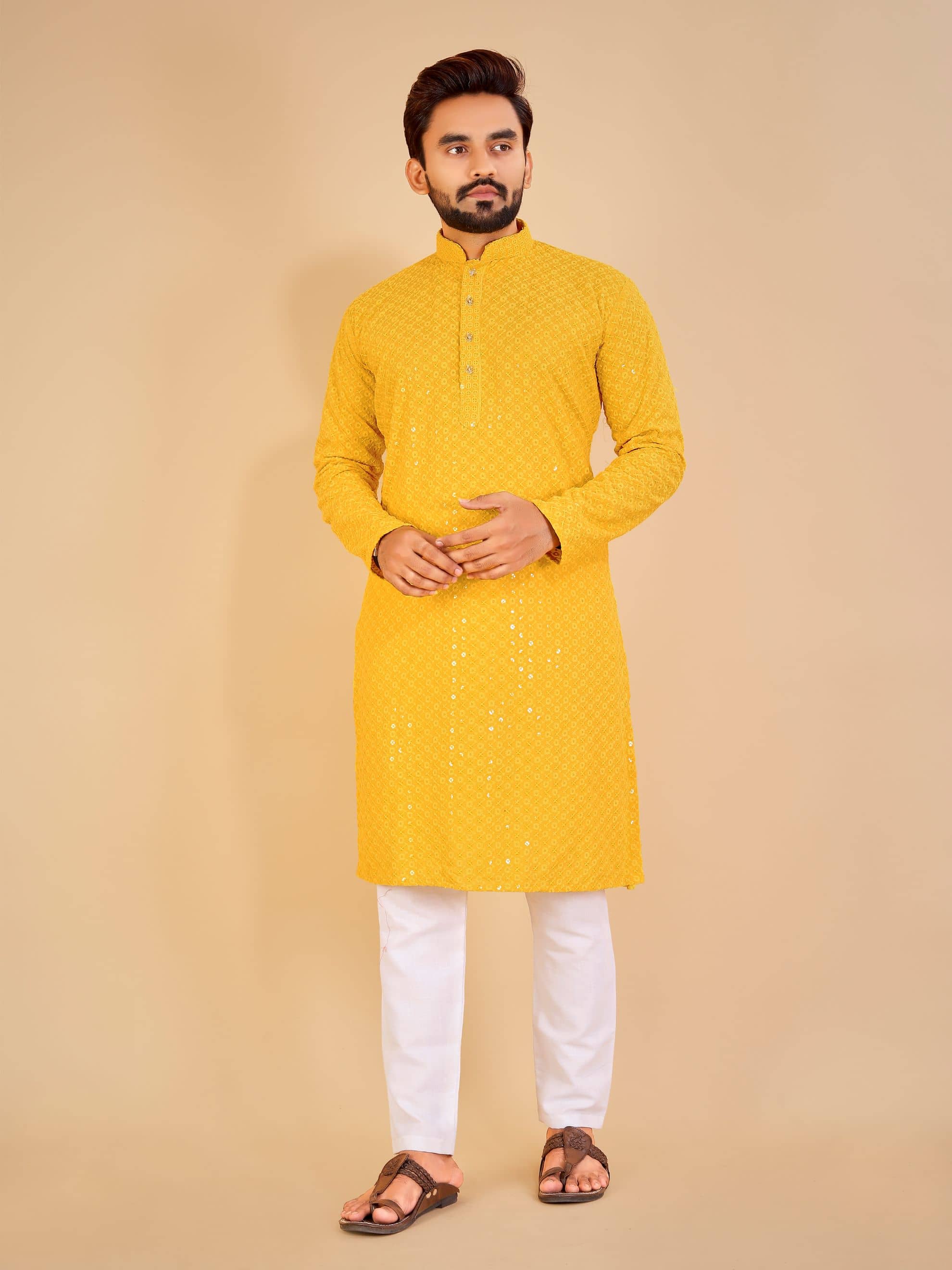 YUG ART - Yellow Cotton Regular Fit Men's Kurta Pyjama Set ( Pack of 1 ) - Kurtas & Kurta Sets | Buy online on ZillyBuy