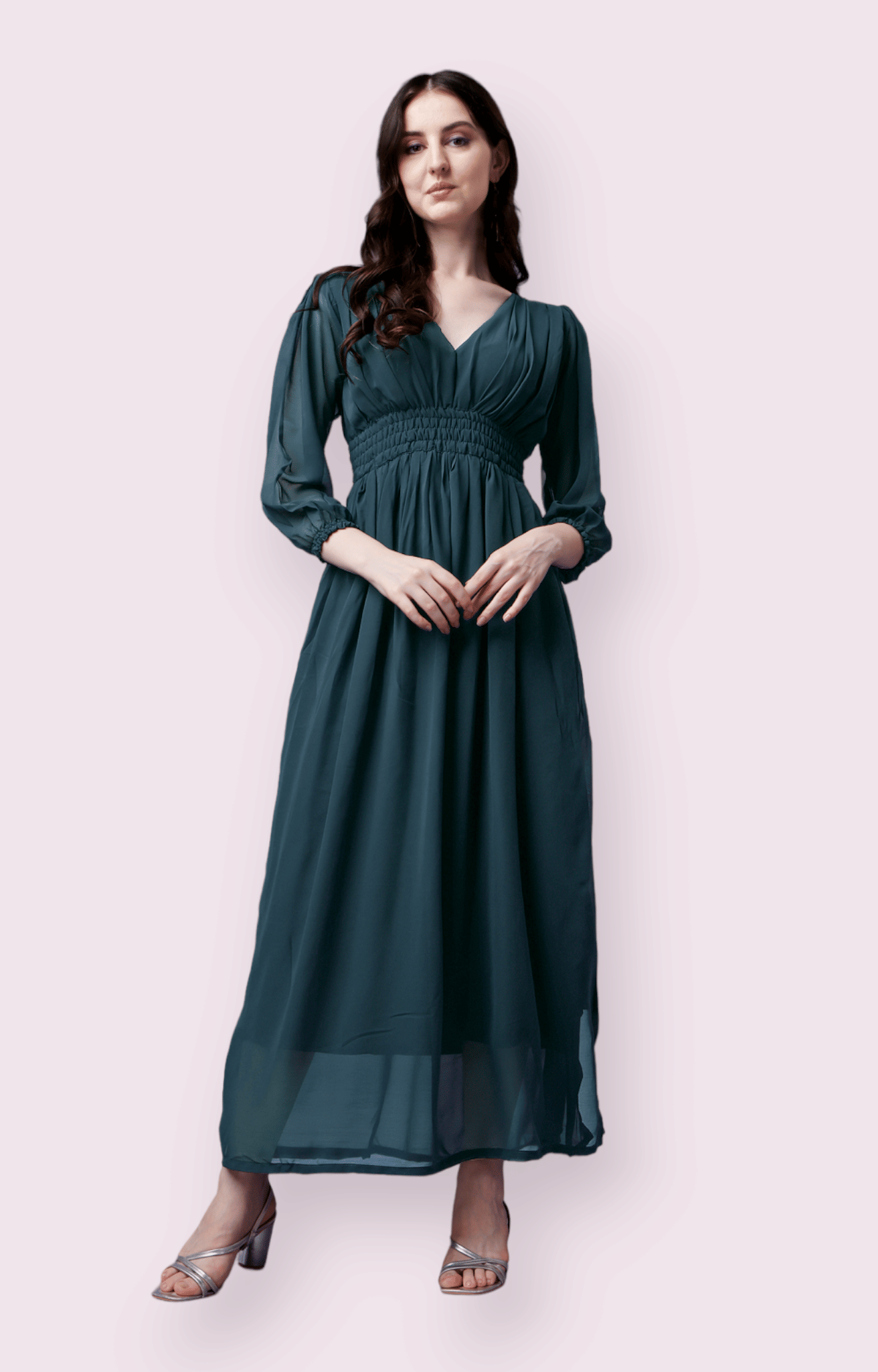     			Femvy Women Georgette Solid Side Slit Dress ( Blue )