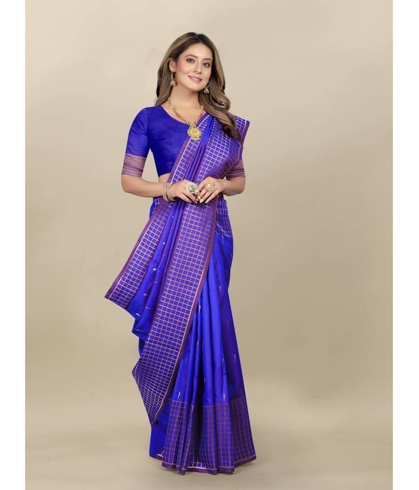 Gazal Fashions Banarasi Silk Checks Saree With Unstitched Blouse Piece ( Blue ) - Sarees | Buy online on ZillyBuy
